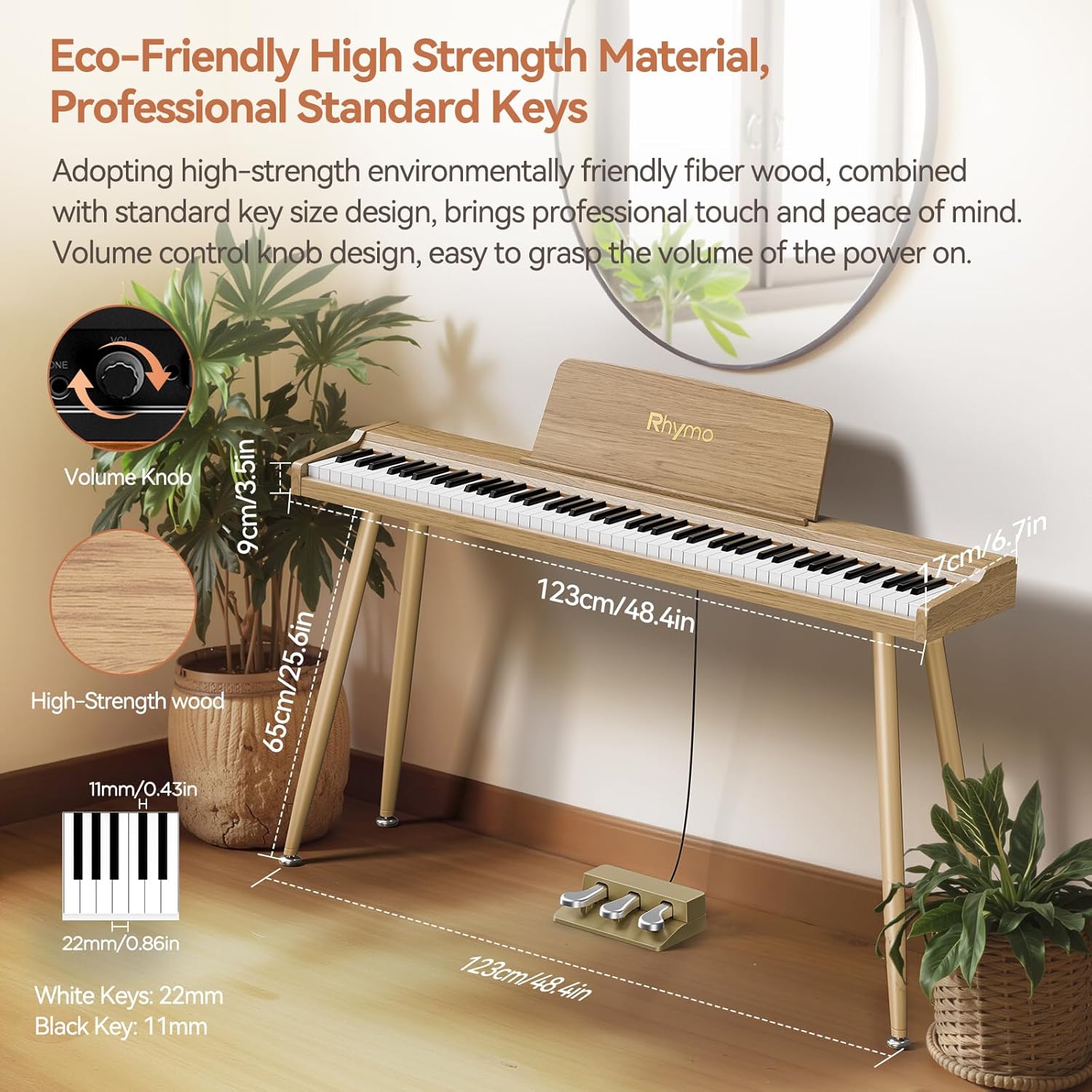 Rhymo 88-Key Digital Piano with Stand, Semi-Weighted Keyboard, Bluetooth Audio/MIDI, Dual Player Mode, 20W Speakers, Microphone Input, Triple Pedal for Beginners to Professional