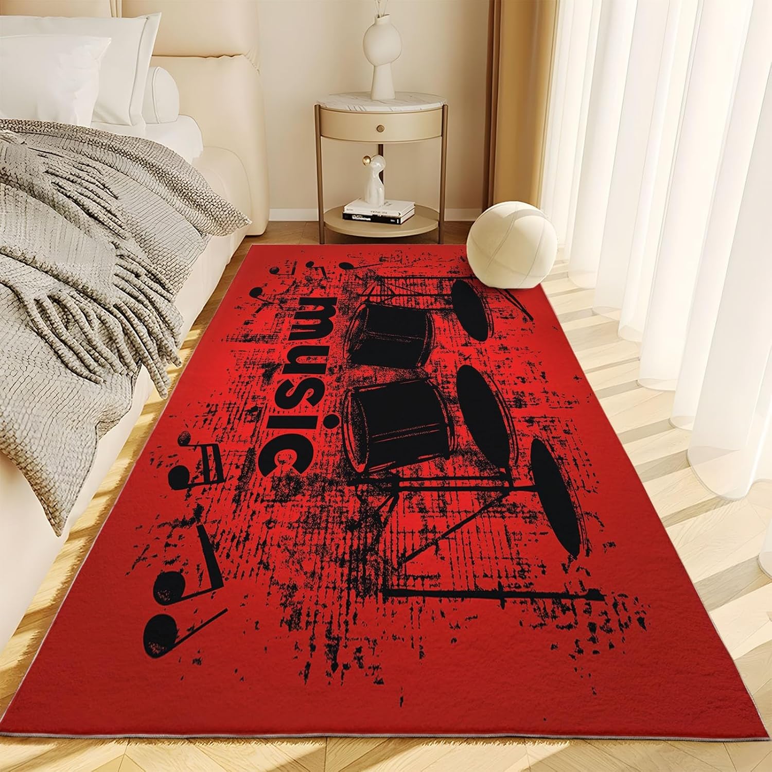 Machine Washable Rug 4x6 ft Washable Area Rugs Red Musical Note Drum Wheel Non Slip Carpets for Living Room Bedroom, Low Pile Stain Resistant Carpet, for Nursery Office Home Decor