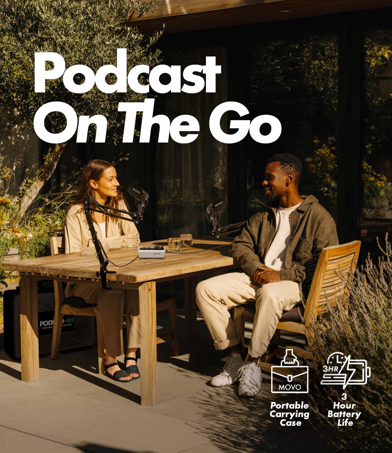 Movo Portable Podcast Equipment Bundle for iPhone/Android Phones- Podcast Kit with Audio Interface, 2 CastMic Dynamic Mics, 2 Headphones, 2 Boom Arms - for Smartphones, Computers, PC and Mac