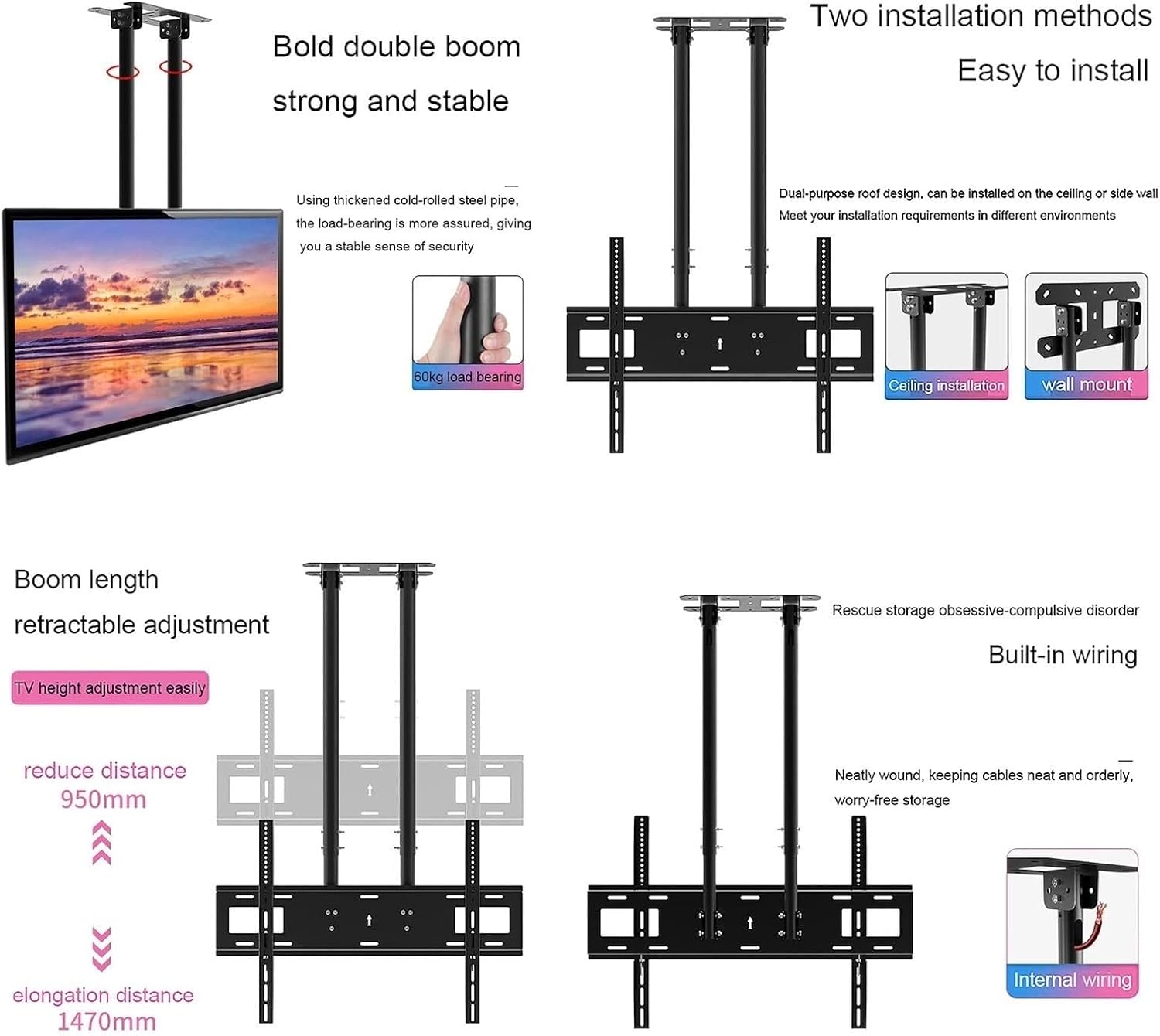 Monitor Mount,tv Wall Mount, Adjustable TV Mount Bracket, Ceiling TV Mount, 2 Post Single Screen TV Mount, Tilt TV Mount for 60-120 Inch TVs, Ceiling Mount, Max(One Colo