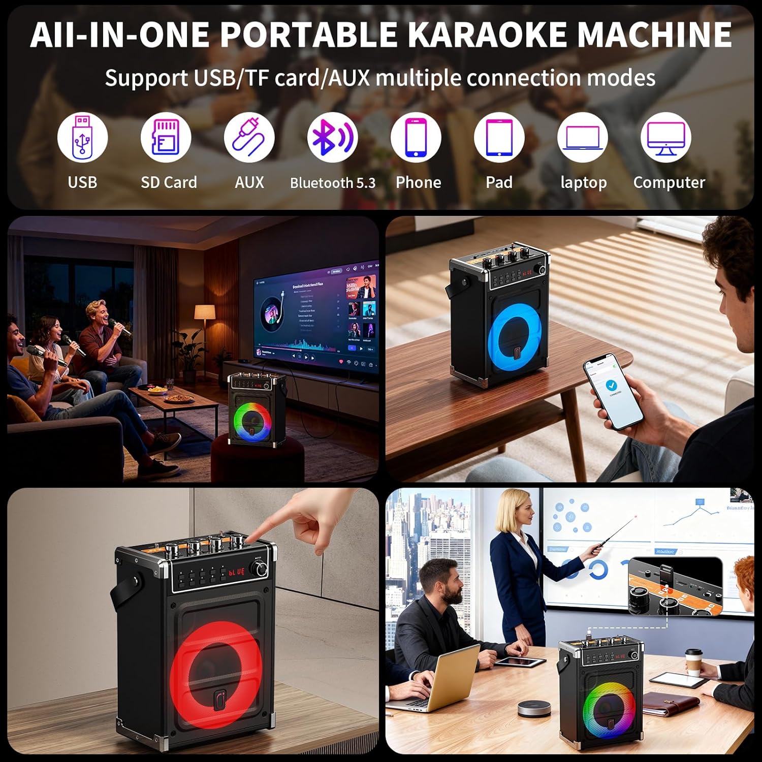 JYX Karaoke Machine with 2 Wireless Microphones, Portable Bass/Treble Bluetooth Speaker with LED Light, Support TWS, AUX in, FM, REC PA System with Remote Control, Supply for Party/Adults/Kids