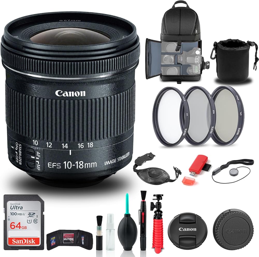 Canon EF-S 10-18mm f/4.5-5.6 is STM Lens (9519B002) + Filter Kit + Backpack + 64GB Card + Lens Pouch + Card Reader + Tripod + Memory Wallet + Cap Keeper + Cleaning Kit + Hand Strap + More (Renewed)