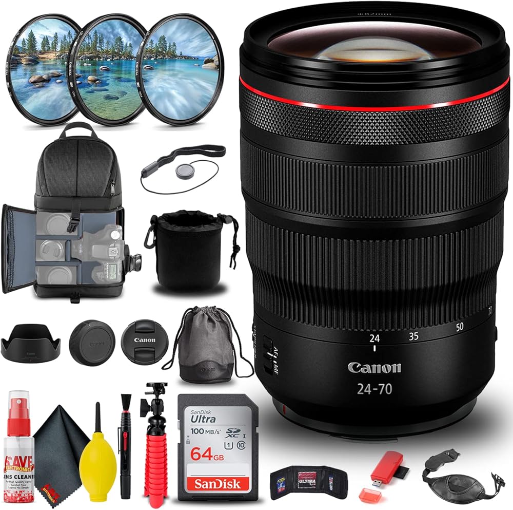 Canon RF 24-70mm f/2.8L is USM Lens (3680C002) + Filter Kit + Backpack + 64GB Card + Lens Pouch + Card Reader + Flex Tripod + Memory Wallet + Cap Keeper + Cleaning Kit + Hand Strap + More (Renewed)