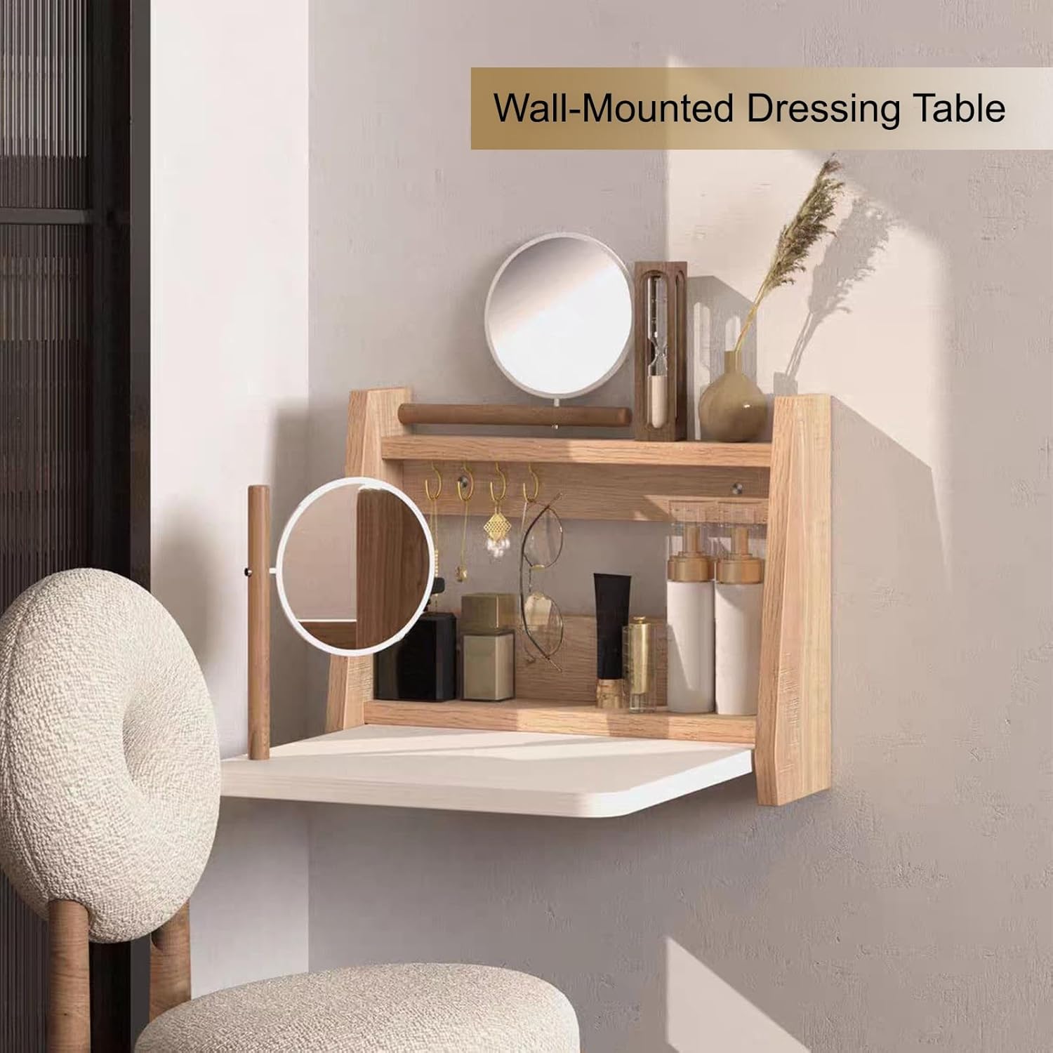 JHDXL Floating Vanity Desk, Small Wood Vanity Desk with Mirror, Floating Makeup Vanity for Wall, Fold Down Wall Mount Hairdressing Desk, for Bedroom(Yellow 2,40cm/15.7in)