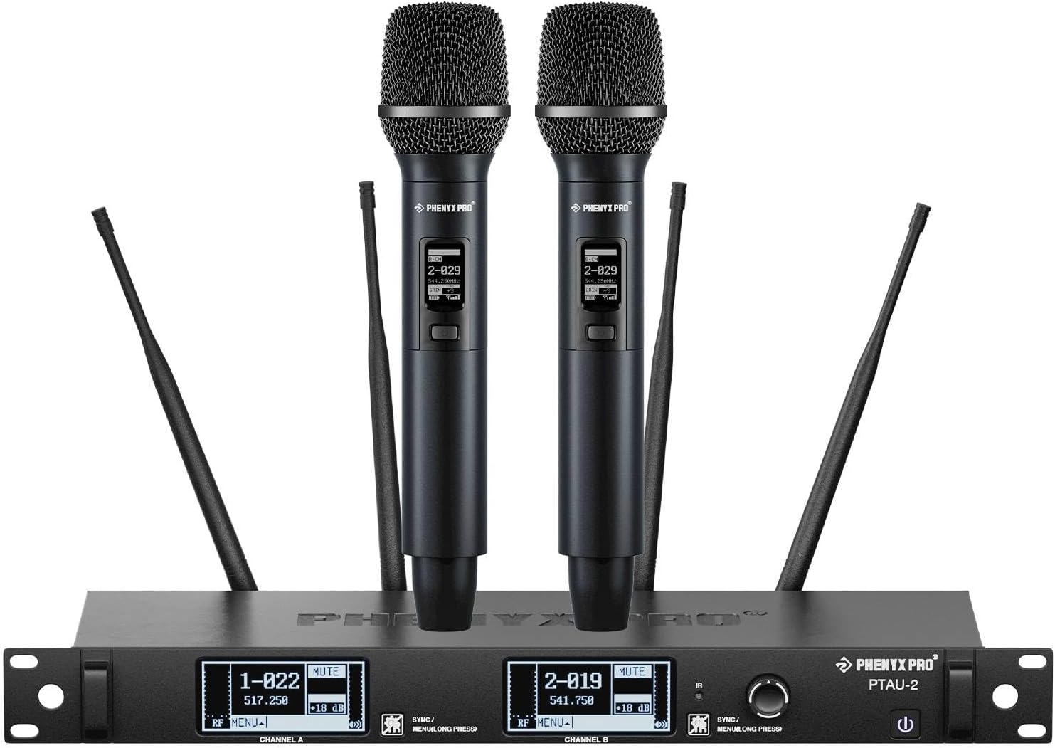 Phenyx Pro Dual-Channel Wireless Microphone System, Dynamic Mics w/ID Lock, Tunable Power Level, Auto Scan, Spectrum Analyzer, True Diversity Cordless Handheld for Singing, DJ, Karaoke (PTAU-2)