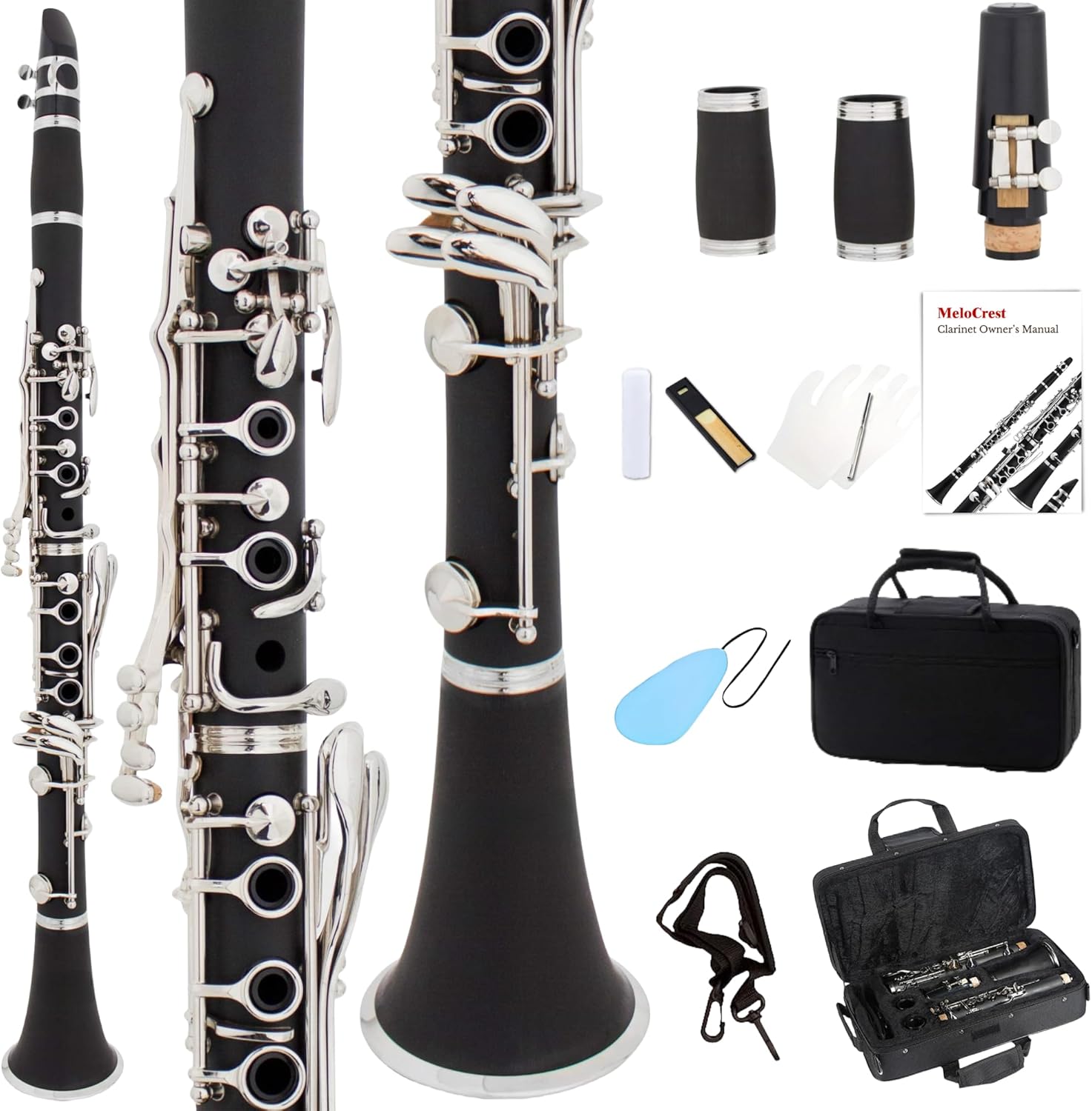 Clarinet Bb French 17 Key, B Flat Beginner Student Clarinet Bb Nickel-Plated for School Band Orchestra adult kid, Complete with Cases and Accessories (Rubber Wood)