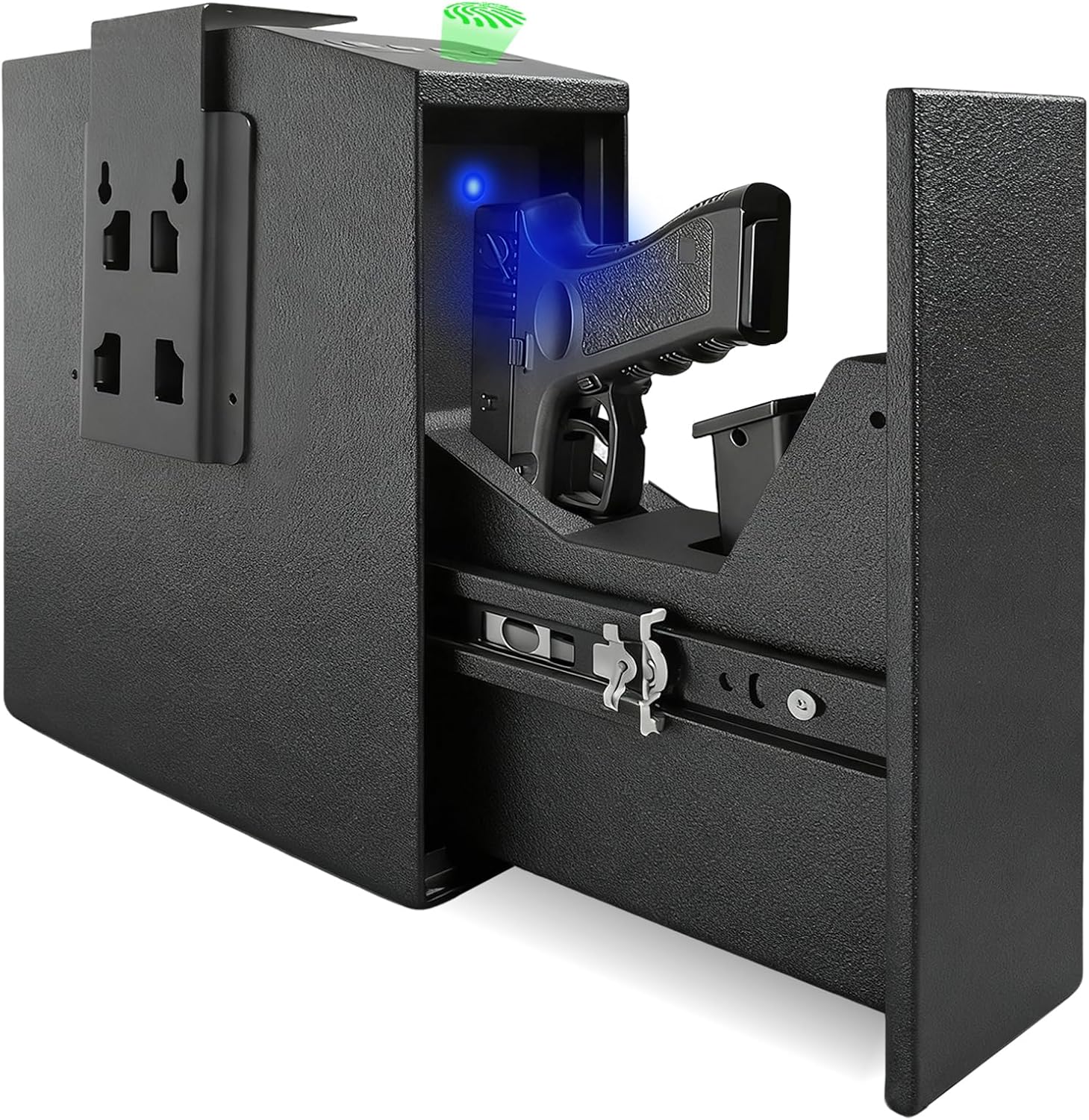 Biometric Pistol Gun Safe with Auto Sliding Door – 0.1s Quick Access Handgun Safe for Nightstand, Desk, Bedside, Truck – Fingerprint, PIN Code & Key Access Security Box