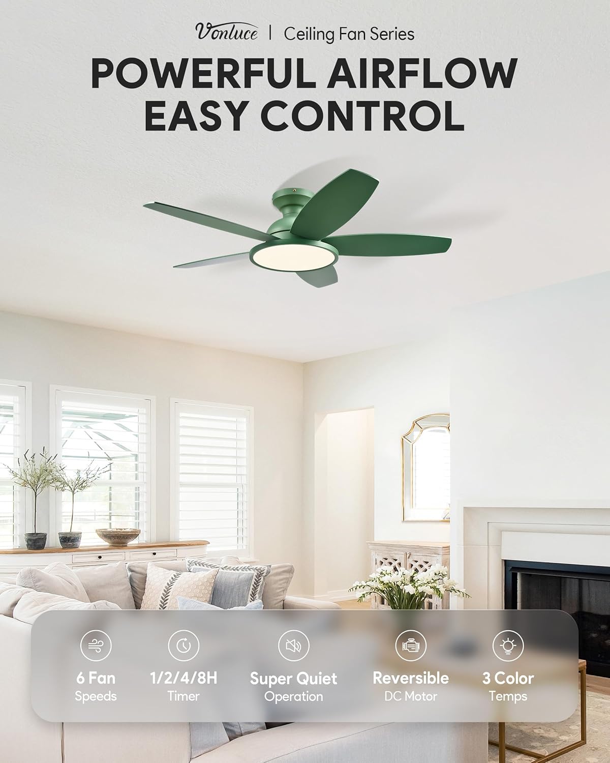 VONLUCE Ceiling Fans with Lights, 42 Inch Ceiling Fan and Remote, Full-spectrum LED Light, 3CCT, 6-Speeds Noiseless Reversible DC Motor, Modern Flush Mount Ceiling Fan for Farmhouse Bedroom Indoor