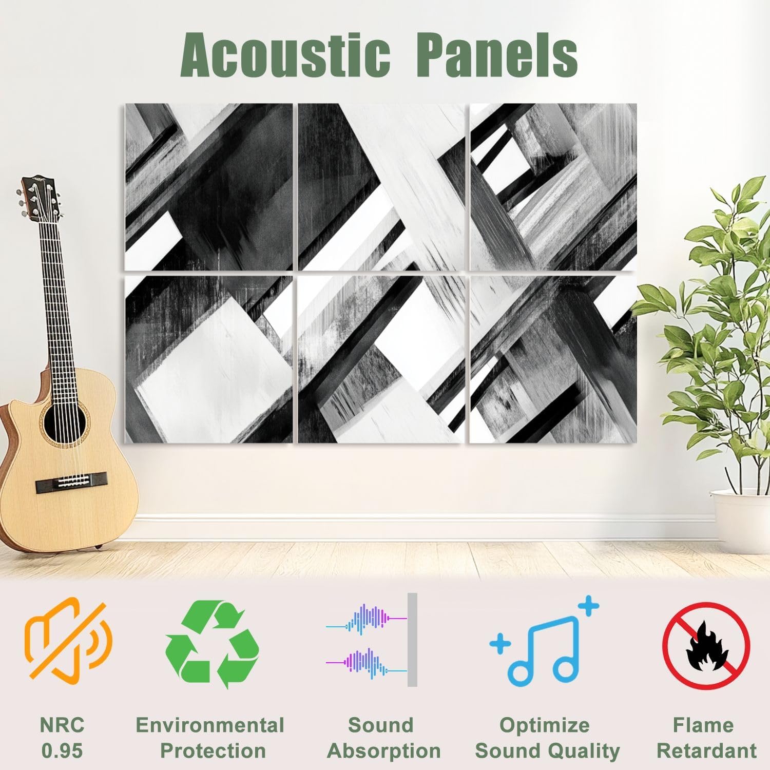 6 Pack Art Acoustic Panels Sound Absorbing Modern Geometric Grey Overlapping Rectangles Black And White Tones Decorative Soundproof Wall Panels Self Adhesive for Recording Studios Office 72
