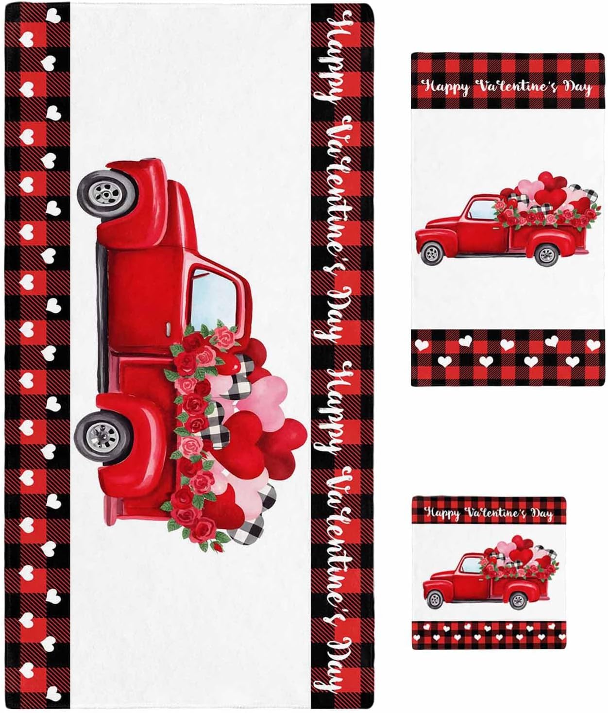 Happy Valentine's Day Bath Towels Set of 3 for Bathroom,Soft Absorbent Shower Beach Hand Face Hair Yoga Workout Gym Towel Dish Wahcloth,Red Roses Car Love Heart Plaid Quick Dry Kitchen Bath Towels+Set