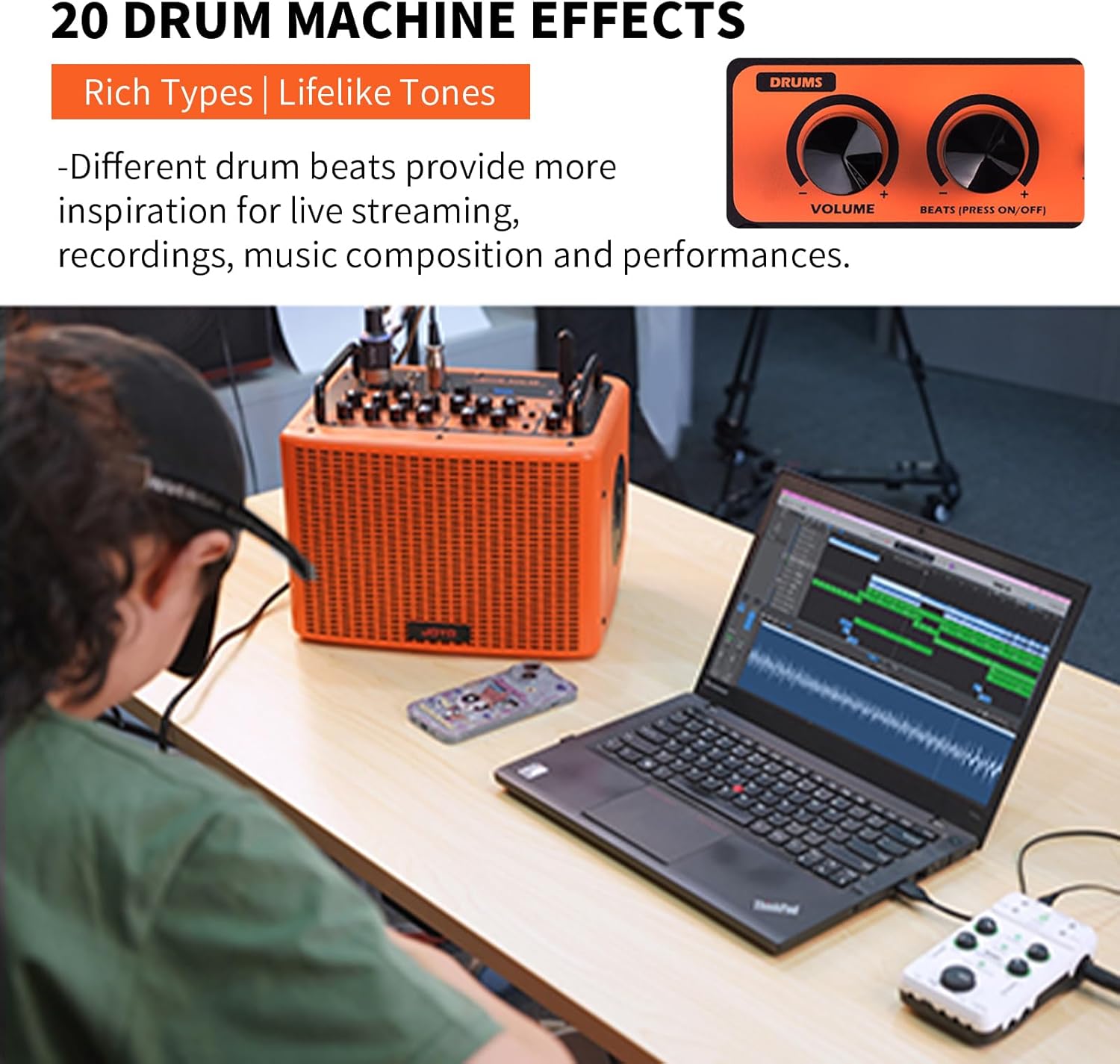 JOYO 40W Acoustic Amplifier Rechargeable Bluetooth Combo Guitar Amp 20 Drum Patterns Reverb Chorus Delay Mic Channel for Live Streaming Outdoor Stage (BSK-40 Orange)