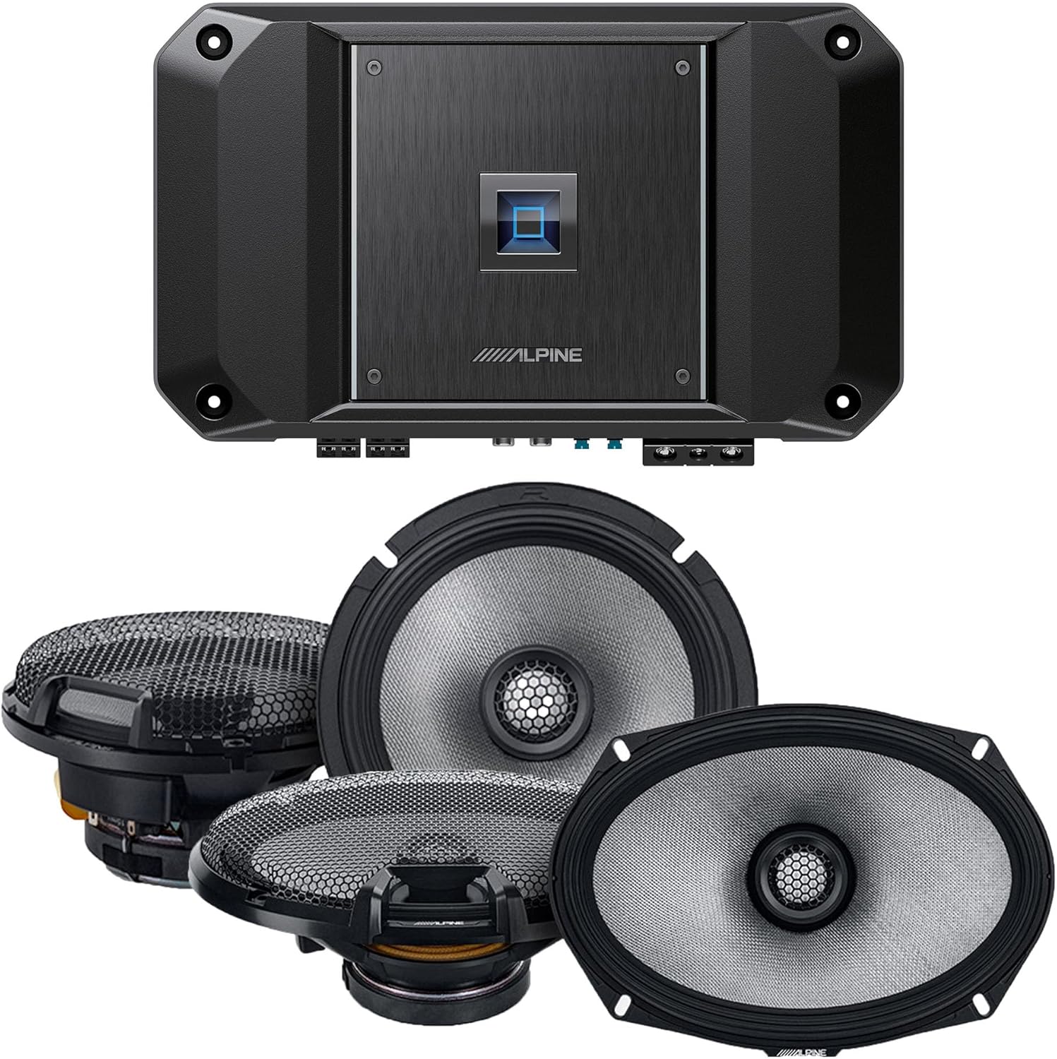 Alpine R2-A60F Type R 600 Watt 4-Channel Amplifier with 1 Pais R2-S69Type-R 6x9 Coax, 1 Pair R2-S65 Type-R 6.5