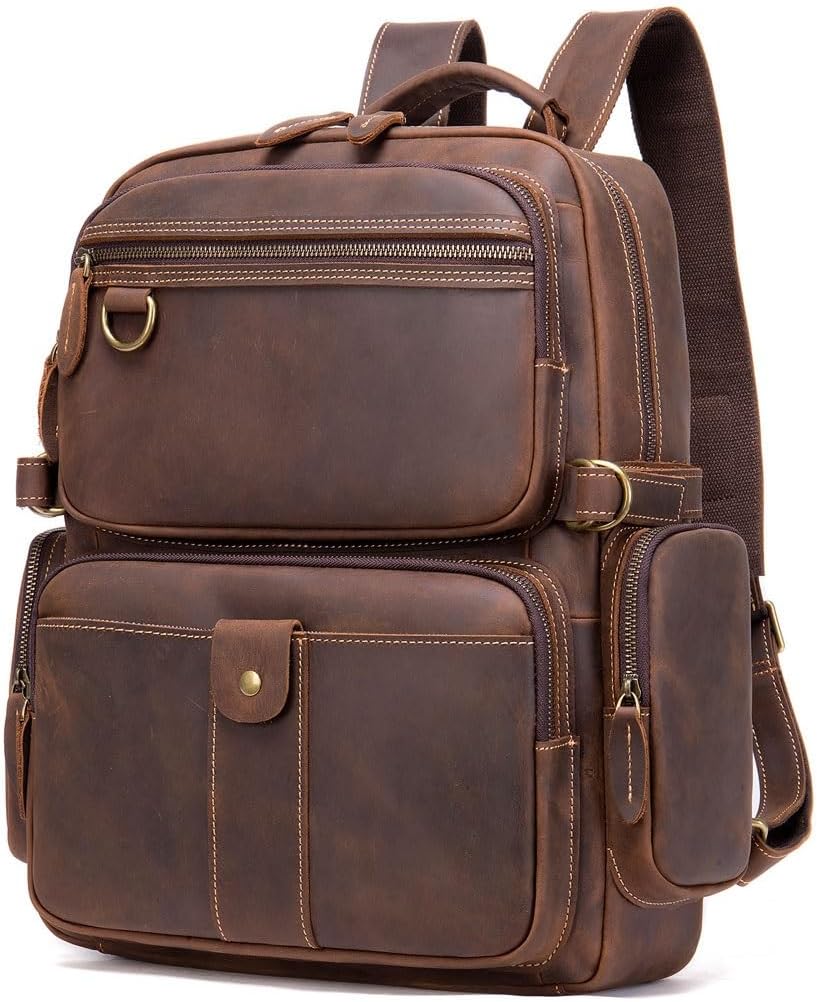 Men's Genuine Leather Backpack Large Capacity Retro Cowhide Laptop Bag for Travel Work & Outdoor Gift Box (Brown)
