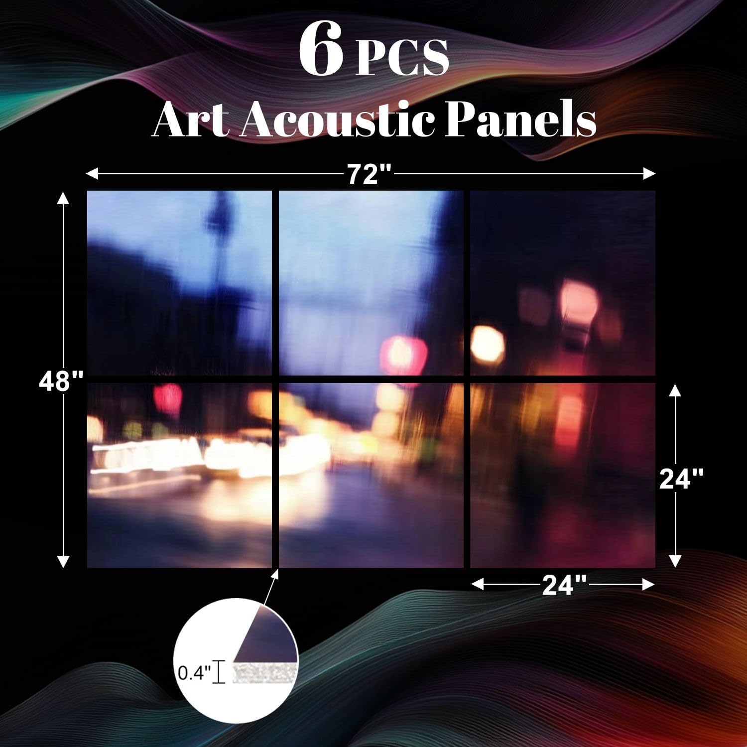 6 Pack Art Acoustic Panels Abstract blurred defocused night city traffic lights bokeh Sound Absorbing Panel 48