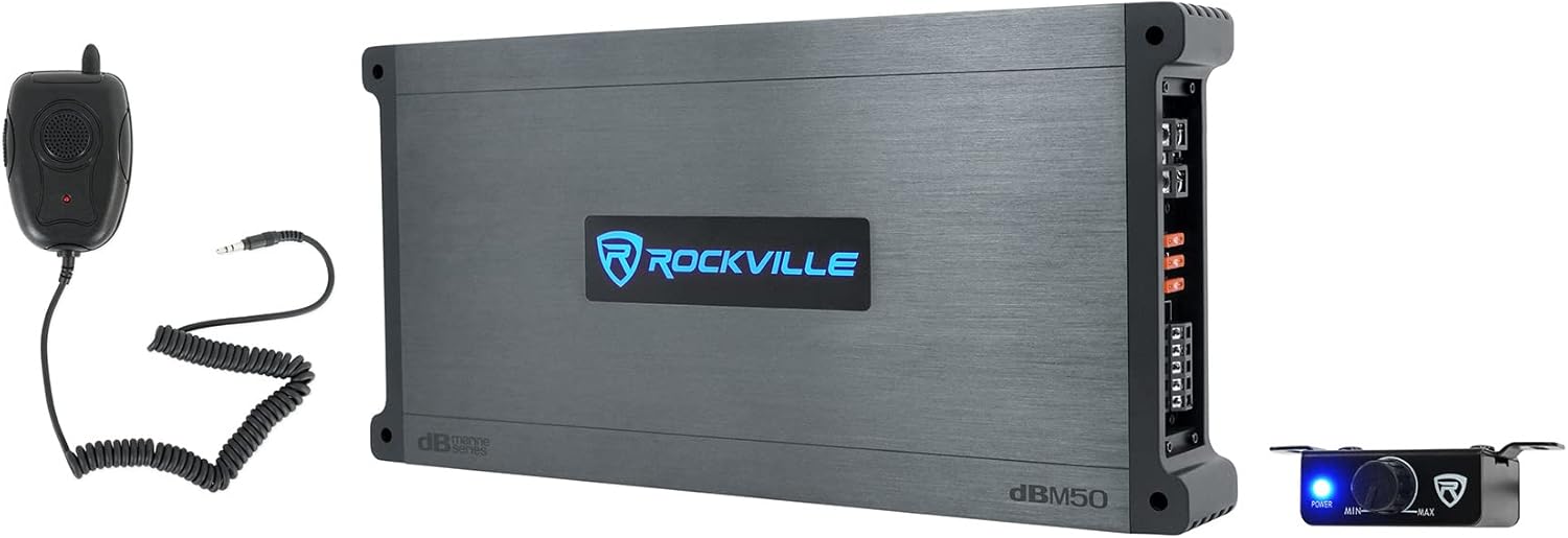 Rockville DBM50 4000W Peak/980W RMS 5-Channel Marine Amplifier, IPX6 Waterproof, Adjustable Crossover, PA Mic Included, Perfect for Boats and Marine Audio