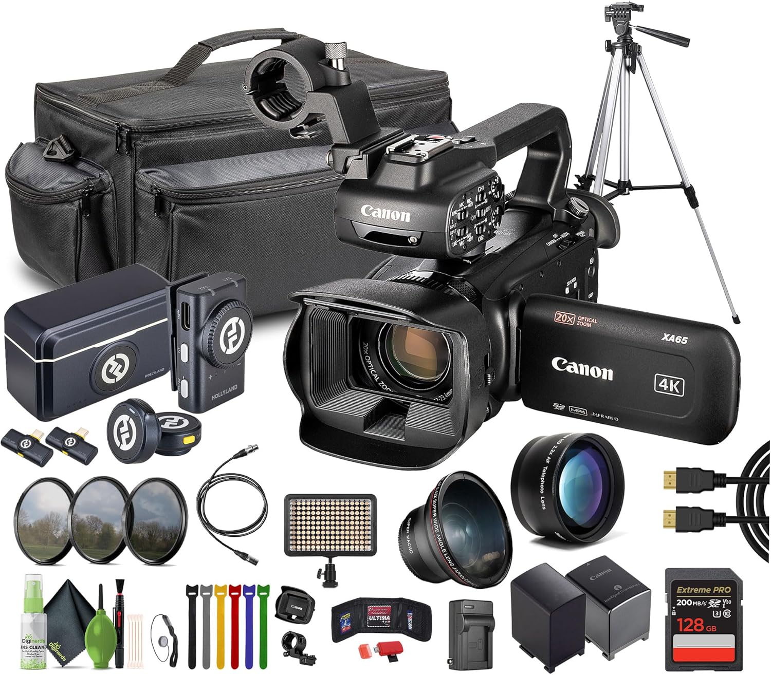 Canon XA65 PAL Professional UHD 4K Camcorder Bundle with 128GB Memory Card + Telephoto + Wide Angle Lens 58mm + 2-Person Wireless Combo Microphone + Tripod + Carrying Case + Cleaning kit + LED Light