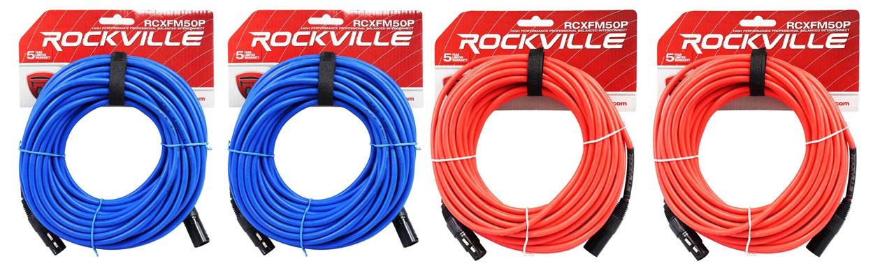 Rockville (2 RCXFM50P-BL Blue 50' Female to Male REAN XLR Mic/Speaker Cable Bundle with (2) RCXFM50P-R Red 50' Female to Male REAN XLR Mic/Speaker Cable (4 Items)