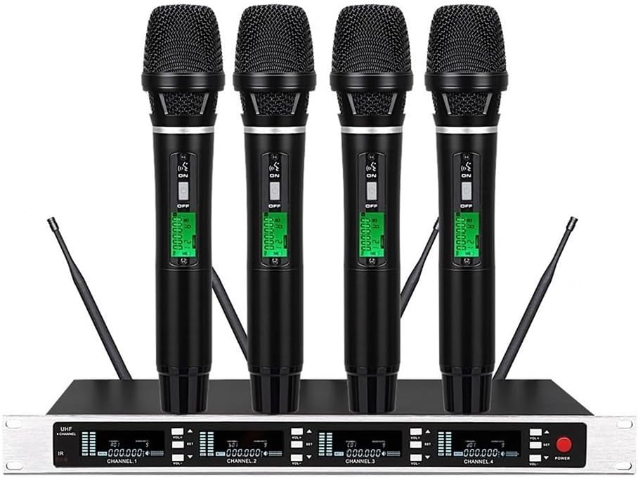 Wireless Microphone System, w/ 4 Handheld Metal Dynamic Microphones,Auto Scan, Long Distance 492ft, Microphone for Church, School, Singing, Stage Performance, Stadium, Outdoor Events, Weddings, Black