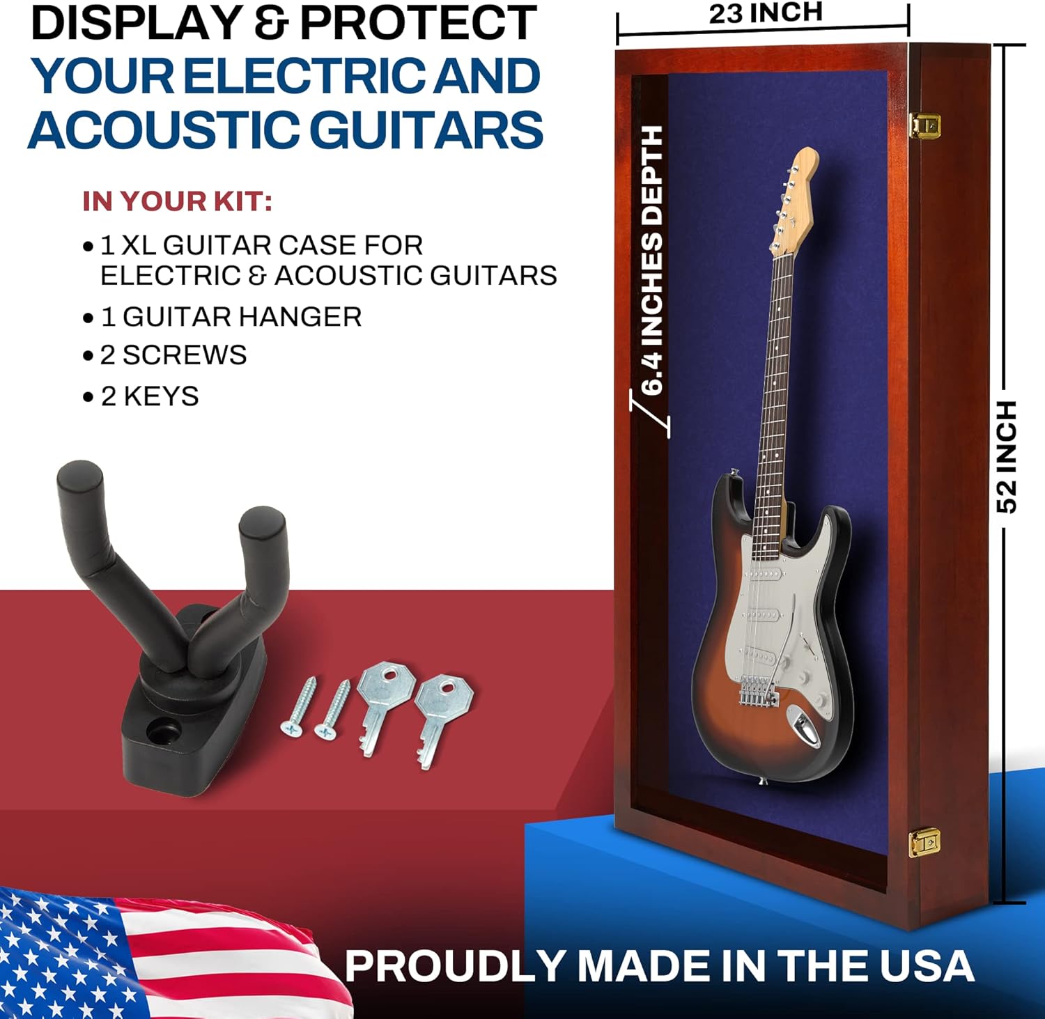 PENNZONI Extra Large Acoustic Guitar Display Case - Wall Mount Display Case for Acoustic/Electric Guitars - Ultra Clear Acoustic Guitar Solid Wood Frame Display Case | Cherry, Blue Felt