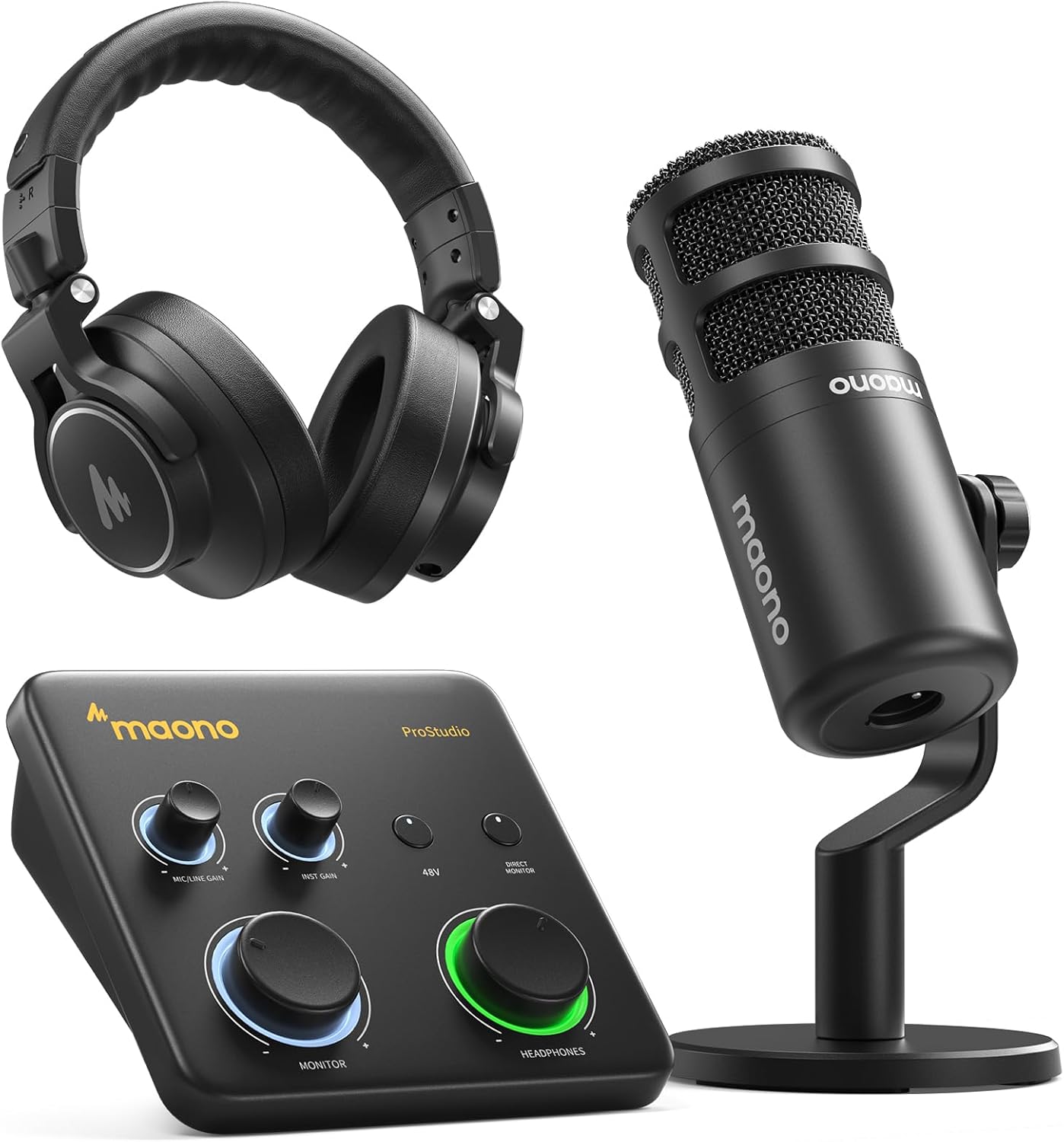 MAONO USB Audio Interface Bundle: Interface with XLR Microphone Headphone 24-bit/192kHz LOOPBACK ASIO Driver for Recording Music Home-Studio Guitar Podcast Streaming PC DAW(PS22+PD100+MH700)