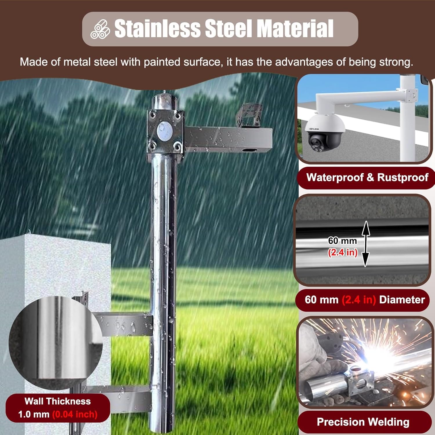 Gun/Dome Surveillance Camera Bracket for Corner, Stainless Steel Pole for Security Cameras Wall Mount, L-Shape Vertical CCTV Pole Universal(Single Gun,1.2 m(3.94 ft))