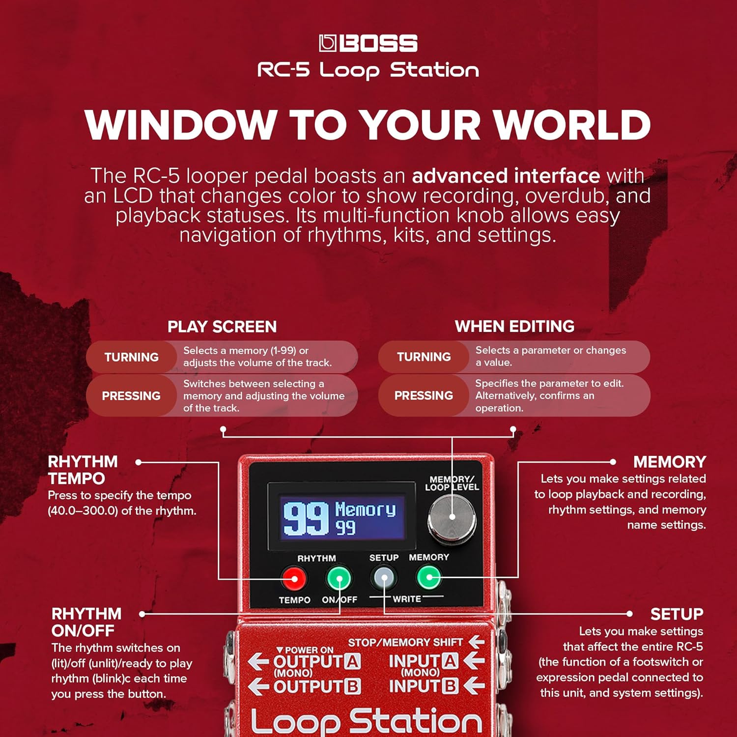 BOSS RC-5 Loop Station | Advanced Looping Features in a Compact Pedal | 32-Bit AD/DA and 32-bit Floating-Point Processing | 13 Hours Record Time | Multi-Color LCD | MIDI/IO & USB Connectivity