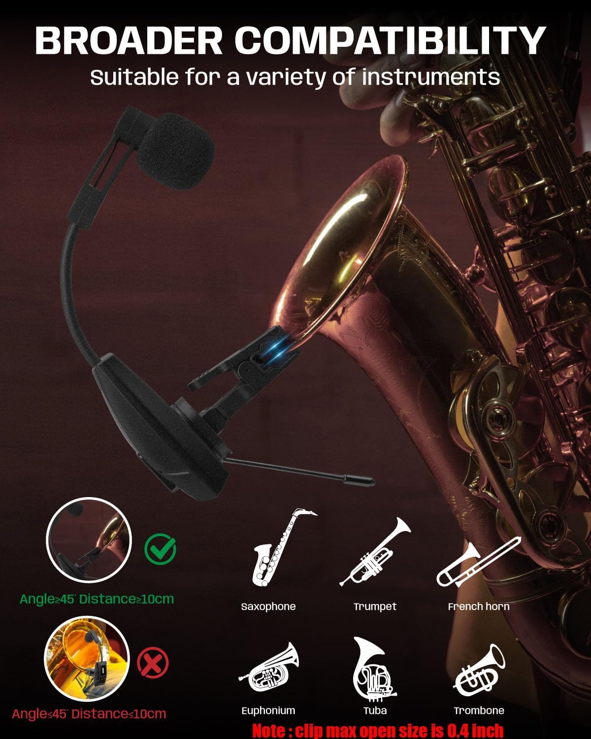 Saxophone Microphone, UHF Rechargeable Wireless Instruments Microphone System with Transmitter and Receiver 196ft Range, Clip on Condenser Mic for Trumpet, Trombone, Saxofon, Most Brass Instruments