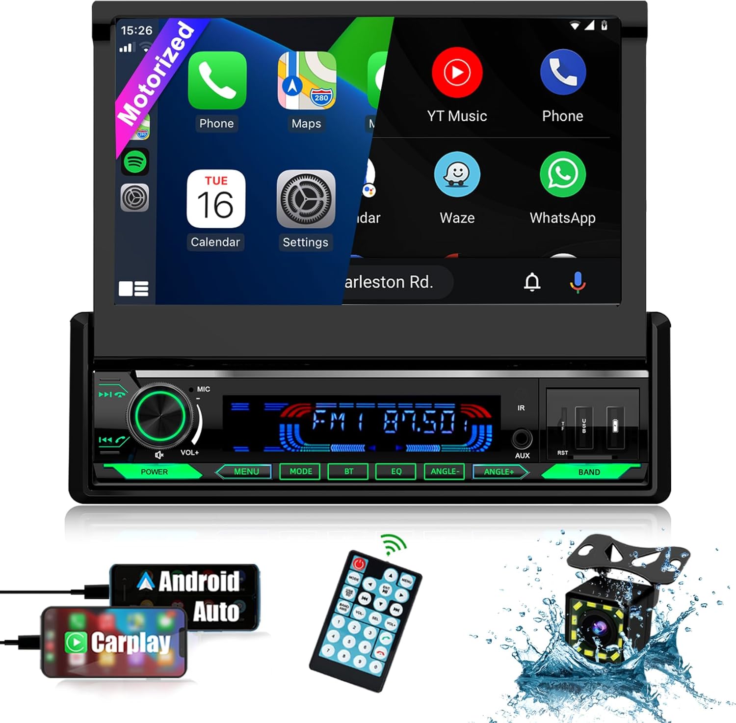 2025 Single Din Car Stereo with Apple CarPlay & Android Auto - 7 Inch Motorized Flip Out Touchscreen Bluetooth 5.1 Car Radio | Backup Camera/Mirror Link/USB/AUX/AM/FM/Subwoofer/DSP