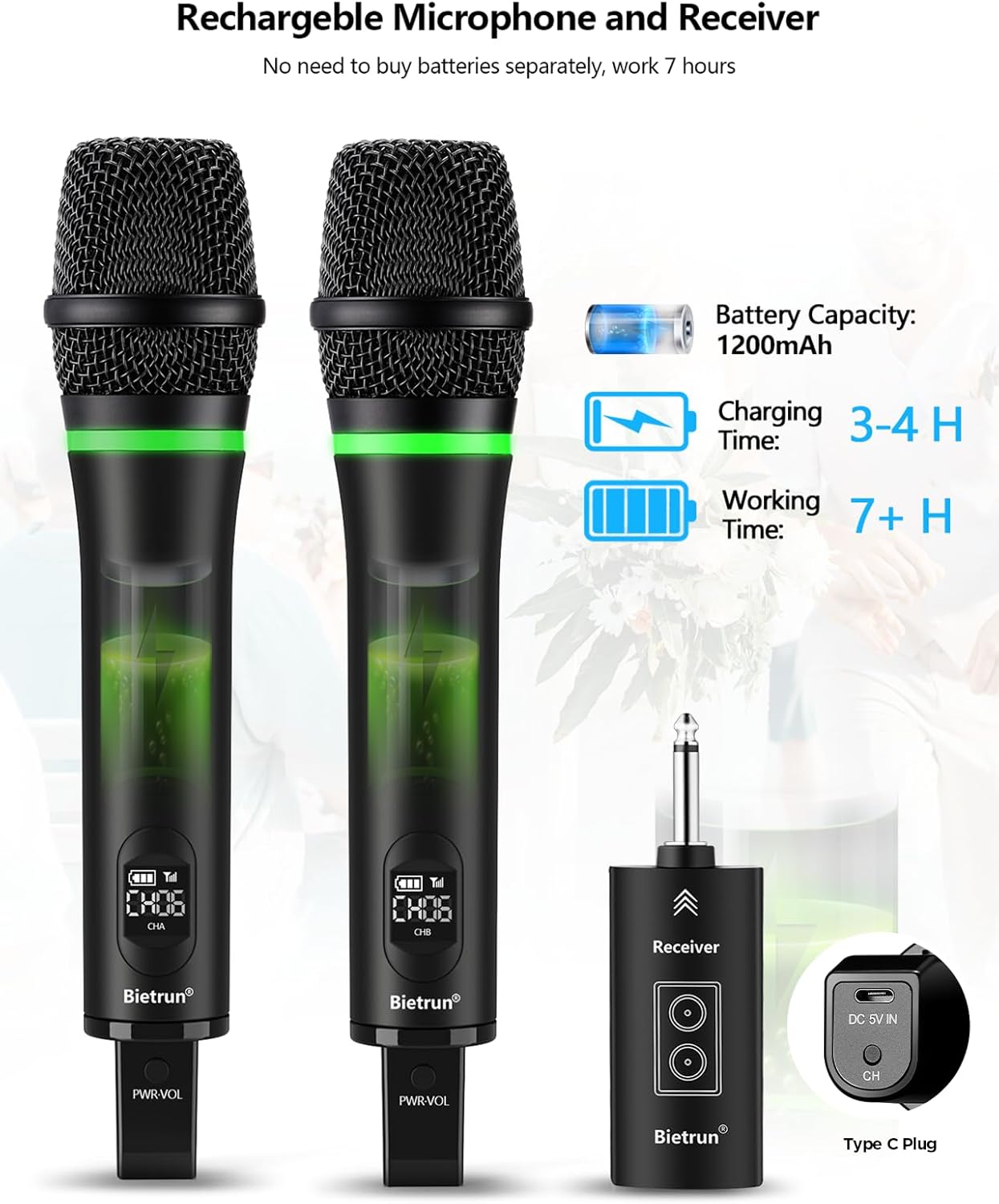 Bietrun Rechargeable Wireless Microphone, Dual Metal Cordless Handheld Dynamic Wireless Mics with 1/4'' Output for Karaoke, Meeting, Singing, Church, Wedding(UHF 240ft Range)(Receiver with Bluetooth)