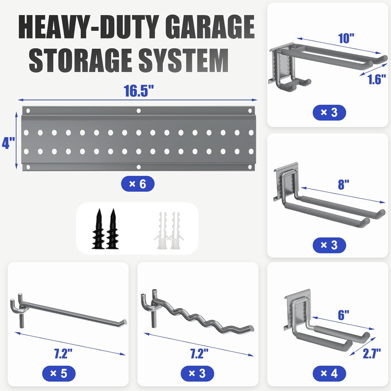 Garage Tool Organizer Wall Mount 96 inches with 18 Adjustable Heavy-Duty Hooks, Garage Organization, Garden Tool Storage Rack, Yard, and Shed, Holds Up to 750 lbs (Grey)