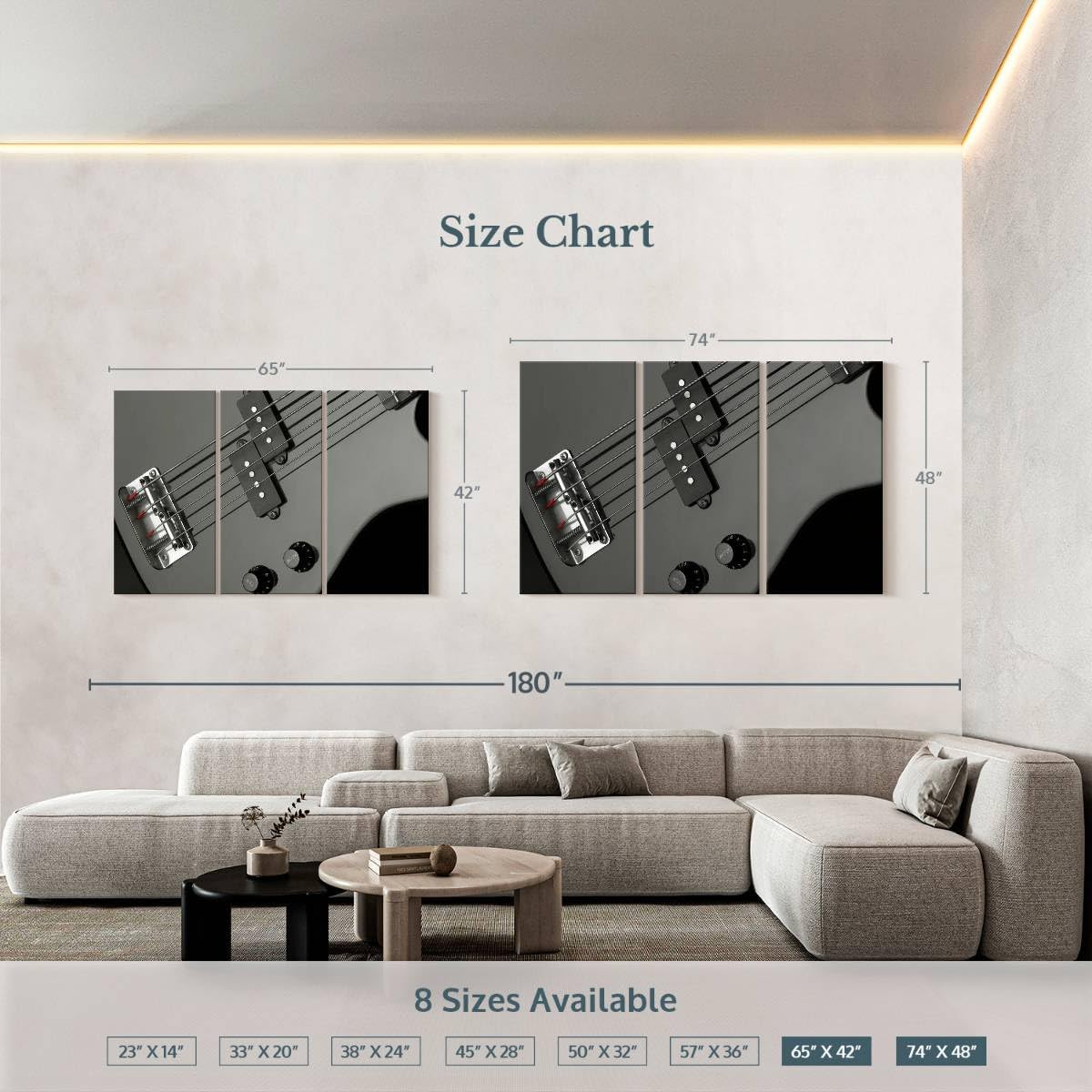 ElephantStock - Bass Guitar Wall Art - Horizontal Multi Panel Canvas - 3 Piece Living Room Wall Decor - Photography Music Multi Piece Wall Art - Gray And Black Decor - 74