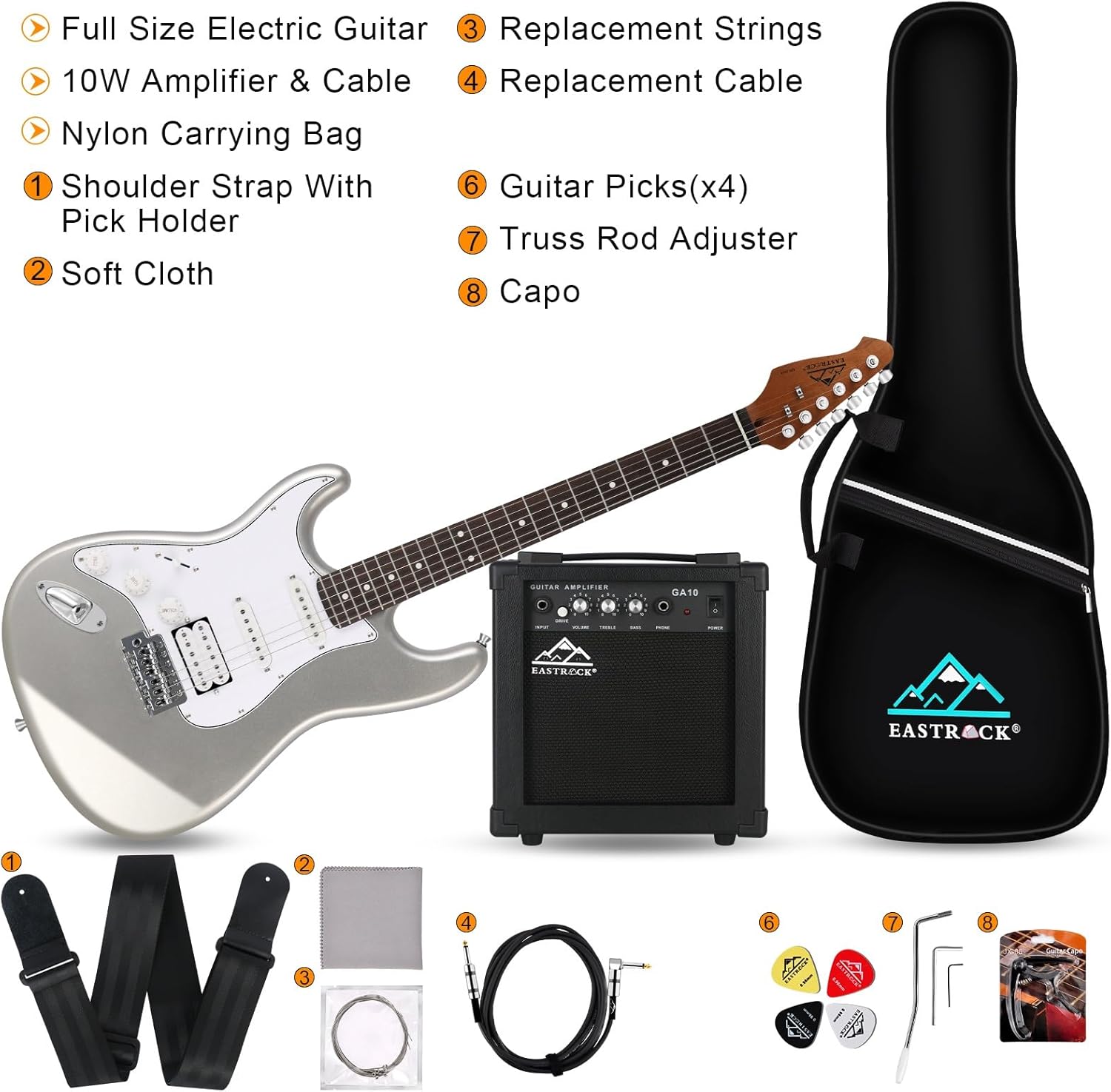 EASTROCK 39 inch Full-Size Electric Guitar Kit for Beginner Starter with 10w Amp, Bag, Capo, Shoulder Strap, String, Cable, Picks.(39