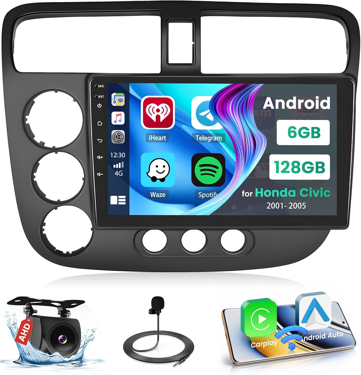 [8-Core 6+128G] Hikity Android 15 Car Stereo for 2001-2005 Honda Civic Radio with Wireless Carplay Android Auto, 9 Inch Touch Screen Radio, Bluetooth GPS WiFi 32EQ DSP FM RDS SWC+MIC, AHD Backup Cam