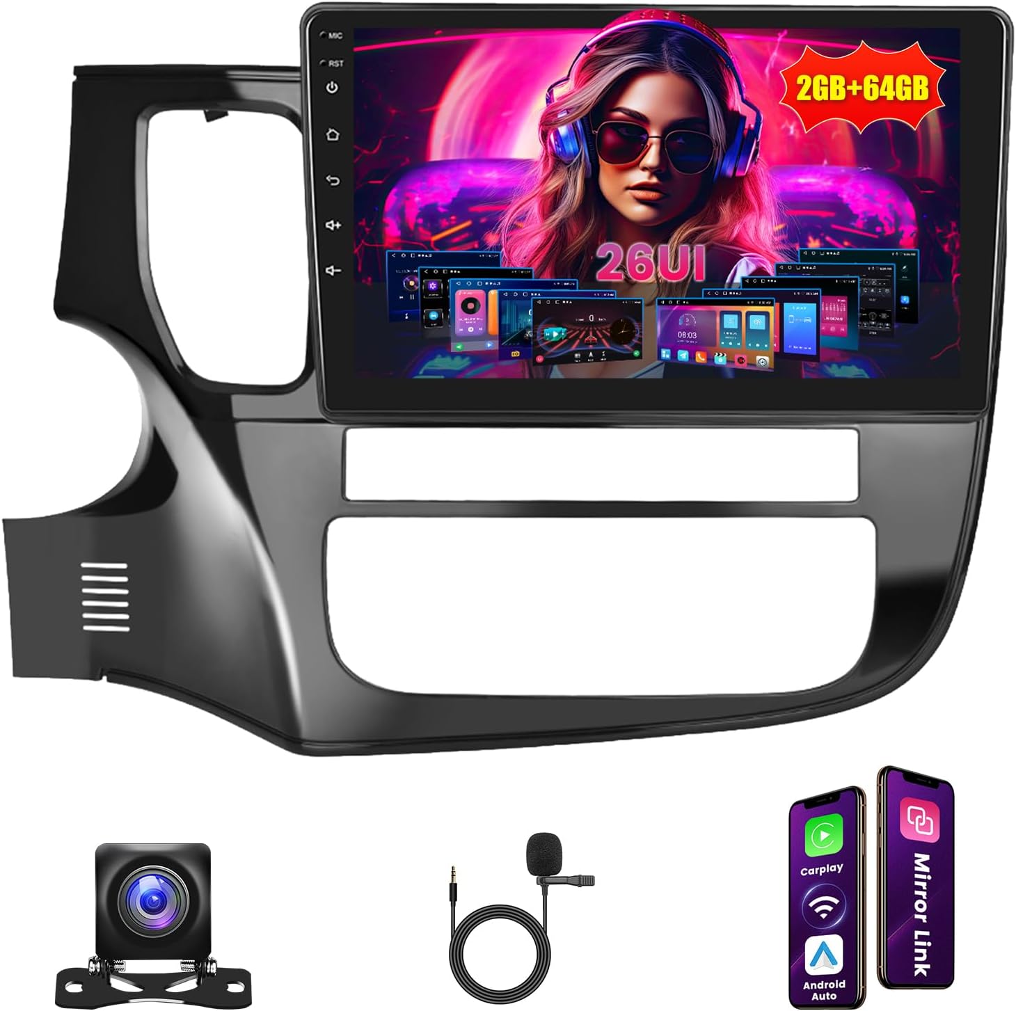 [2G+64G] Android 15 Car Radio for Mitsubishi Outlander 2012-2018 with Wireless Carplay Android Auto, 10 Inch HD Touchscreen Car Stereo with GPS WiFi Bluetooth FM/RDS EQ SWC Backup Camera MIC