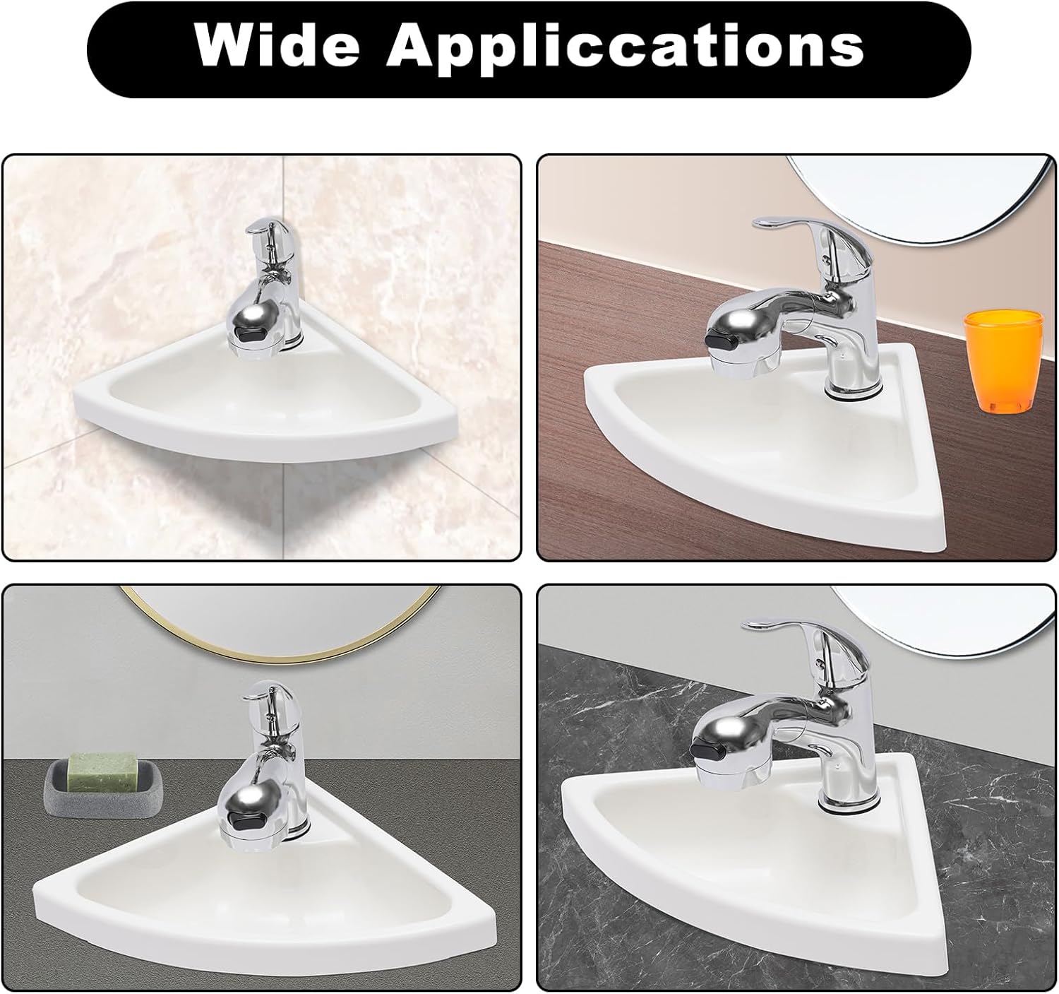 Wall Mount Corner Bathroom Sink, Boat Caravan RV Camper Corner Sink with Faucet, Single Bowl Sink for Boat Caravan Rv Camper Kitchen Bathroom, White