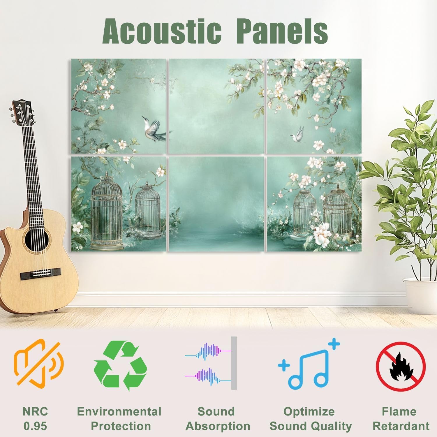 6 Pack Art Acoustic Panels Sound Absorbing Chinoiserie Plum Blossom Bird Vintage Green Floral Flowering Branches Decorative Soundproof Wall Panels Self Adhesive for Recording Studios Office 72