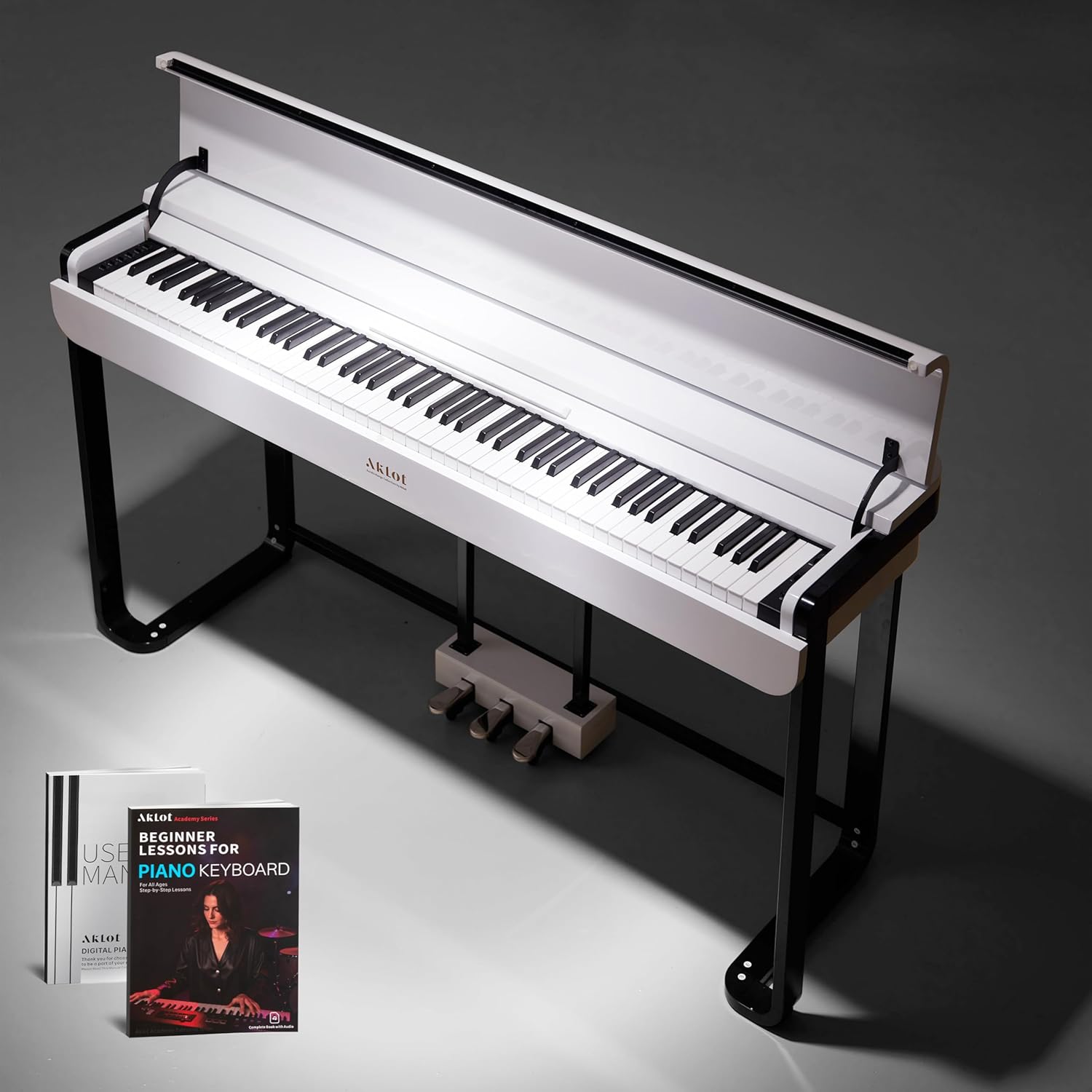 AKLOT Modern Weighted Keyboard Piano: 88-Key Graded Hammer Action Digital Piano with Classic Tones, 25W Speakers, Triple Pedal, Headphone, Beginner Lesson Book, High-Gloss Pearl White Finish(AUR-LS03)