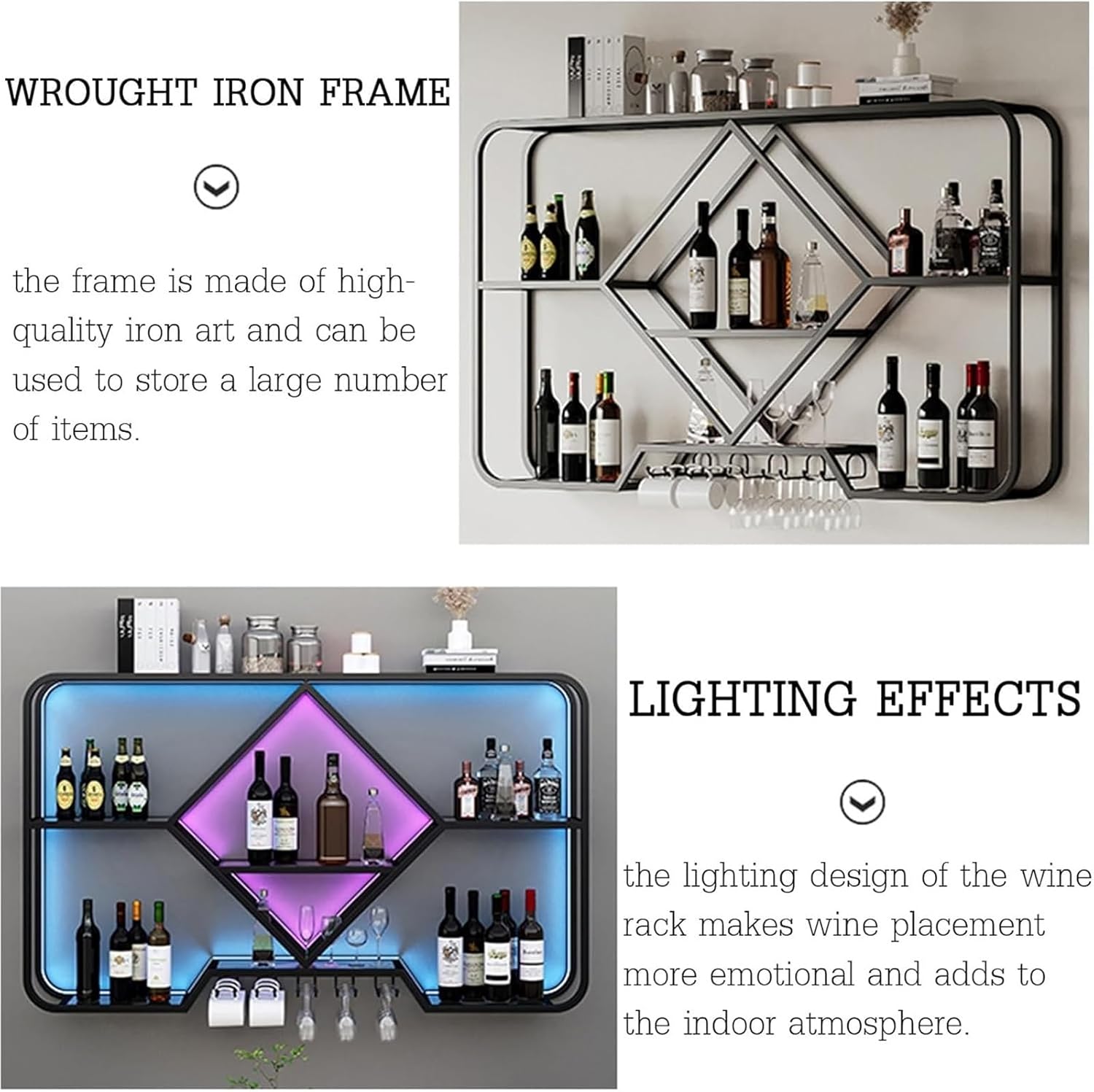 Floating Shelves with Hanging Wine Glass Rack for Whiskey Bottles Corner Bar Organizer Display Rack for Mini Bar Wall Mount Bottle Display Shelf (Black Light 100cm)