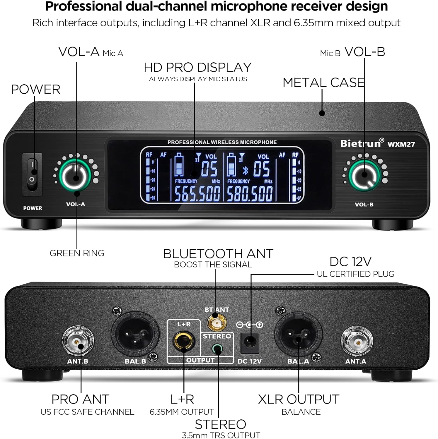 Bietrun Wireless Microphone, Rechargeable Metal Dual UHF Cordless Dynamic Handheld Microphone System for Home Karaoke, Meeting, Party, Church, DJ, Wedding(UHF 240ft Range)(Receiver with Bluetooth)