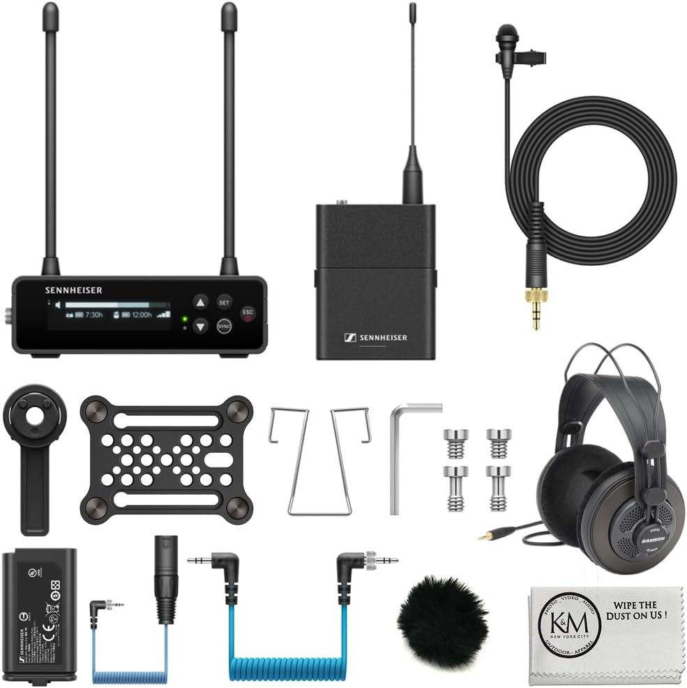Sennheiser EW-DP ME 2 Set Camera-Mount Digital Wireless Omni Lavalier Mic System | R1-6:520 to 576 MHz Bundle with Furry Windscreen + Studio Headphones + Cleaning Cloth (4 Items)