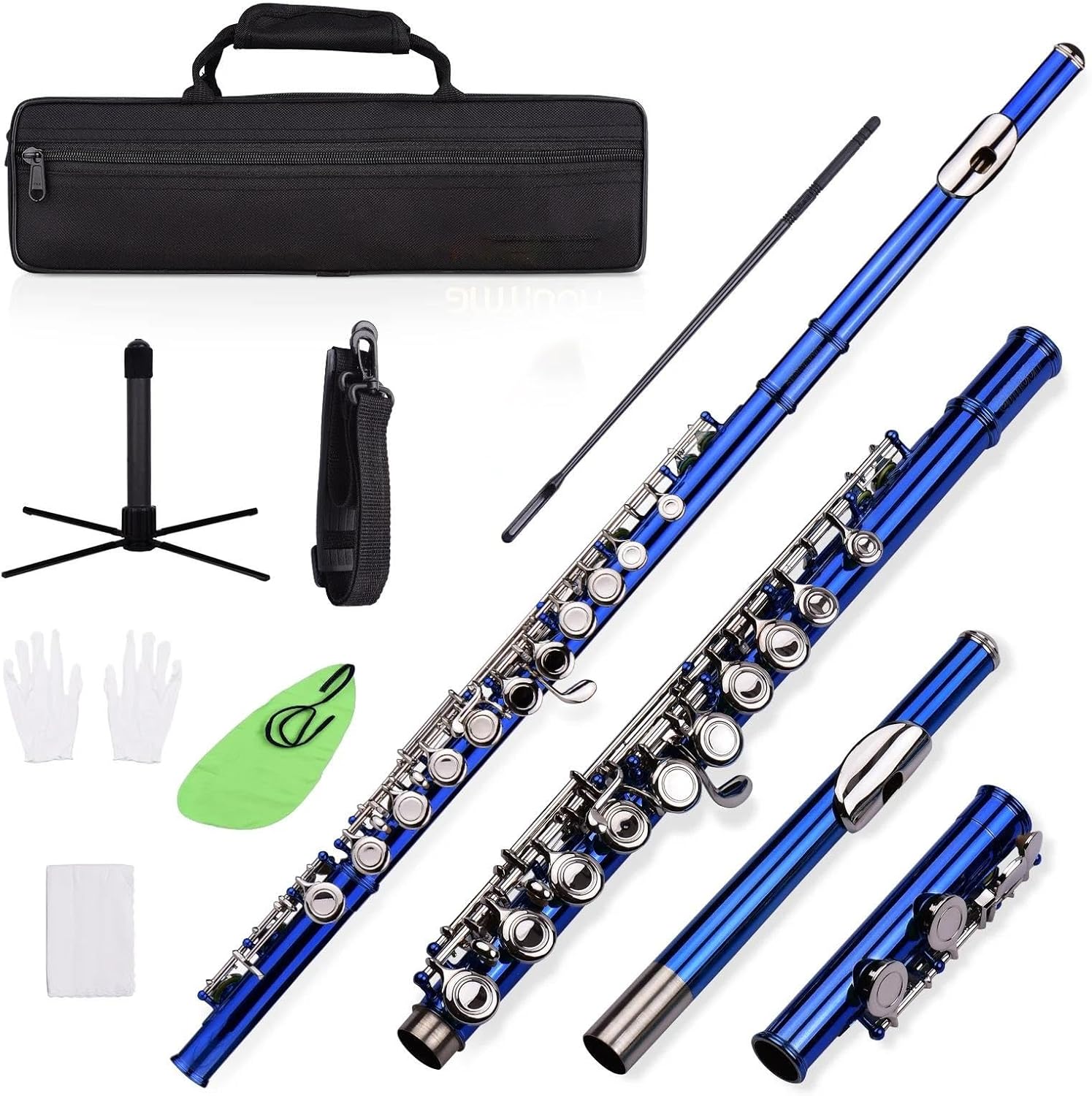 Closed Hole C Flute 16 Keys Cupronickel Nickel-plated Wind Instrument Carry Case Flute Stand Gloves (Color : Dark blue)
