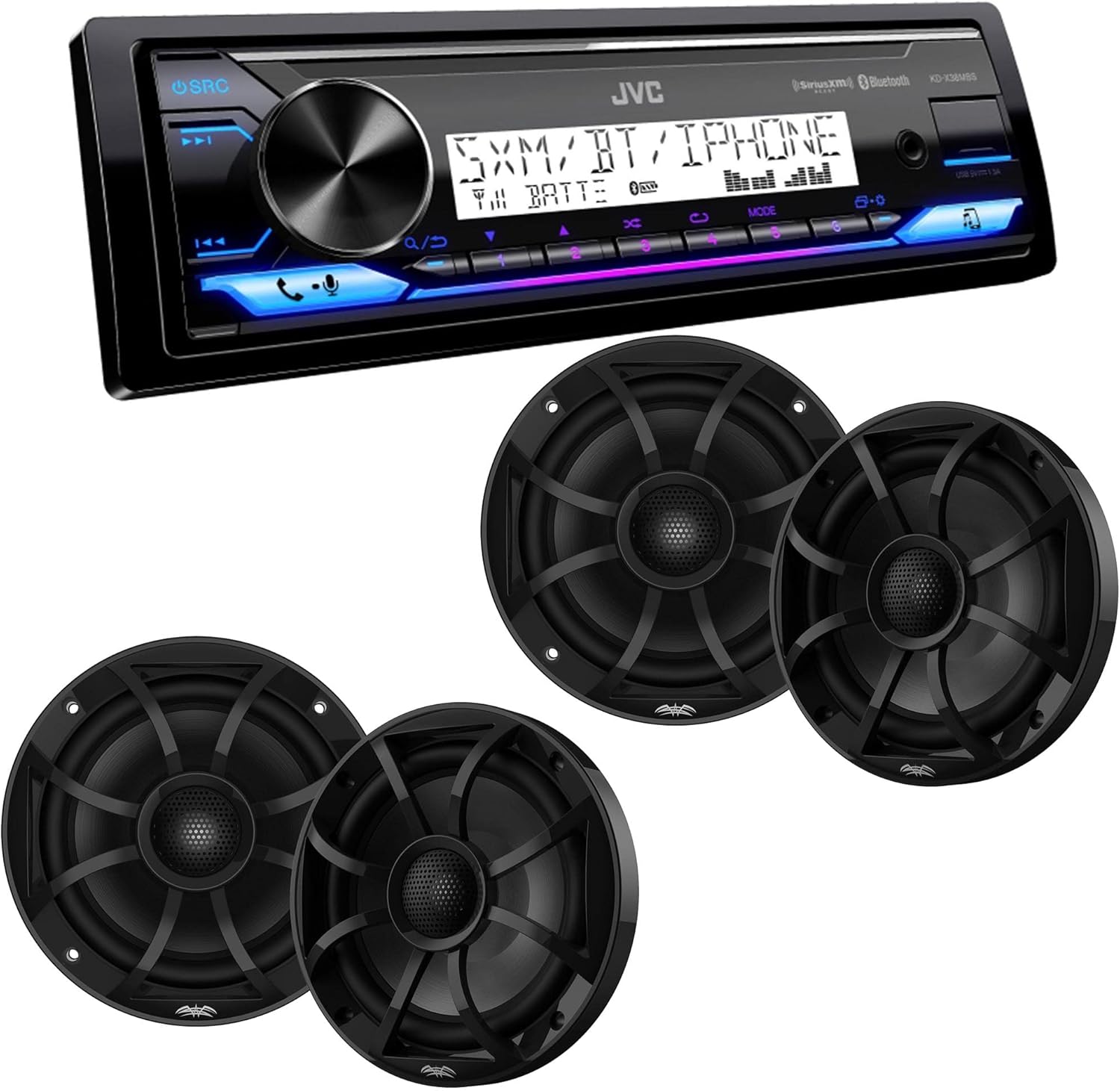 JVC KD-X38MBS Marine Digital Media Receiver with Bluetooth, USB, SiriusXM Ready, Conformal Coated PCB with 2 Pairs Wet Sounds RECON6-BG 6.5