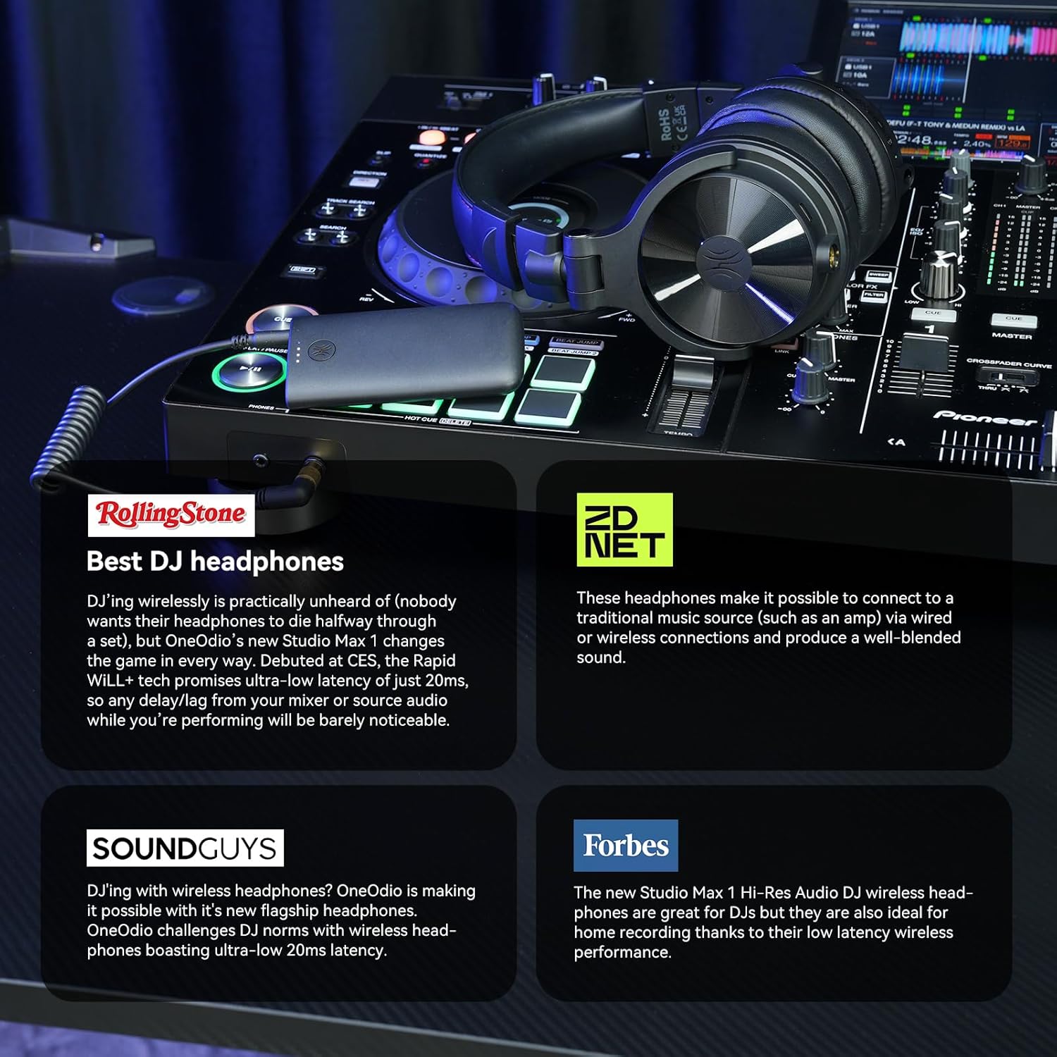 OneOdio Studio Max 1-20MS Low-Latency Wireless DJ Headphones, 120H Playtime, Lossless Hi-Res/LDAC Audio, Dual-Mic ENC, Dongle/Bluetooth/Wired Connection for Studio Guitar and Gaming PC Computer