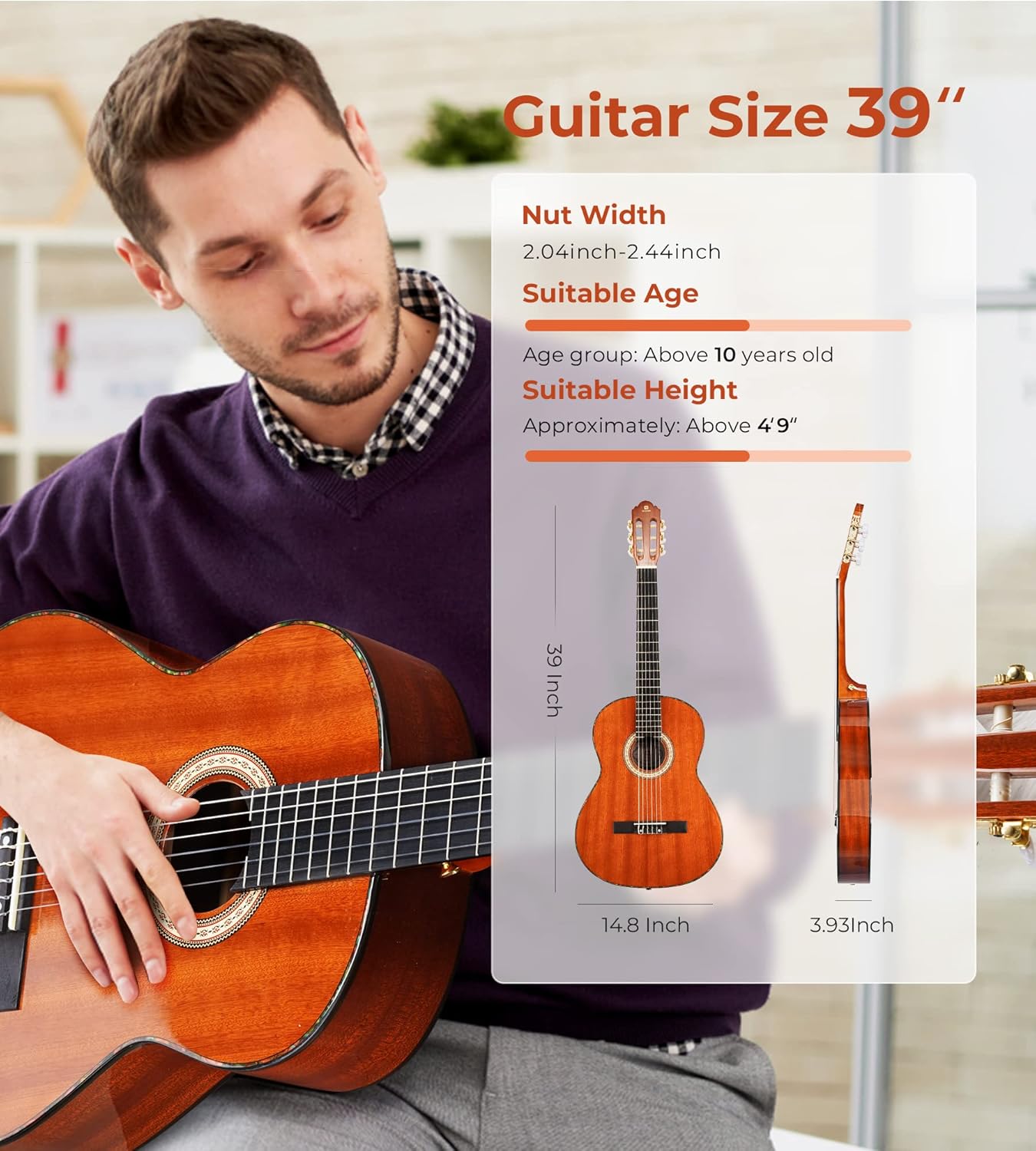 Classical Guitar 4/4, 39 Inch Full Size Nylon String Guitar for Beginner Adults, Guitar Bundle with Gig Bag & Footstool, Sapele Brown, by Vangoa