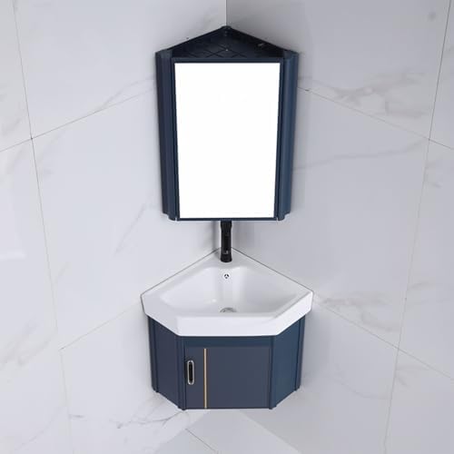 Corner Ceramic Bathroom Sink with Vanity Cabinet, Wall Mount Design, Space-Saving Storage Container, Complete Set with Faucet & Drain (White, 38cm/15in)