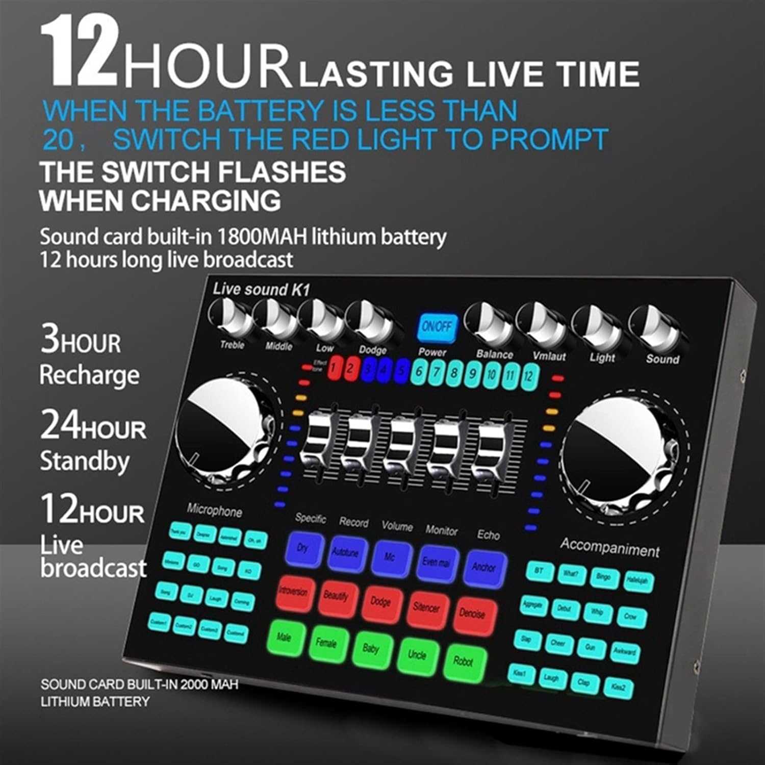 Professional Audio Mixer,K1 Live Sound Card Portable Bluetooth Sound Card Profession Adjustable Volume Audio For Music Recording Karaoke Singing