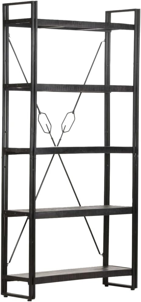 Black Industrial Bookcase, Solid Rough Mango Wood, Powder-Coated Steel Frame, 5-Tier Display Shelf, 11.8x35.4x71 Inch, Living Room Storage Home Office Furniture