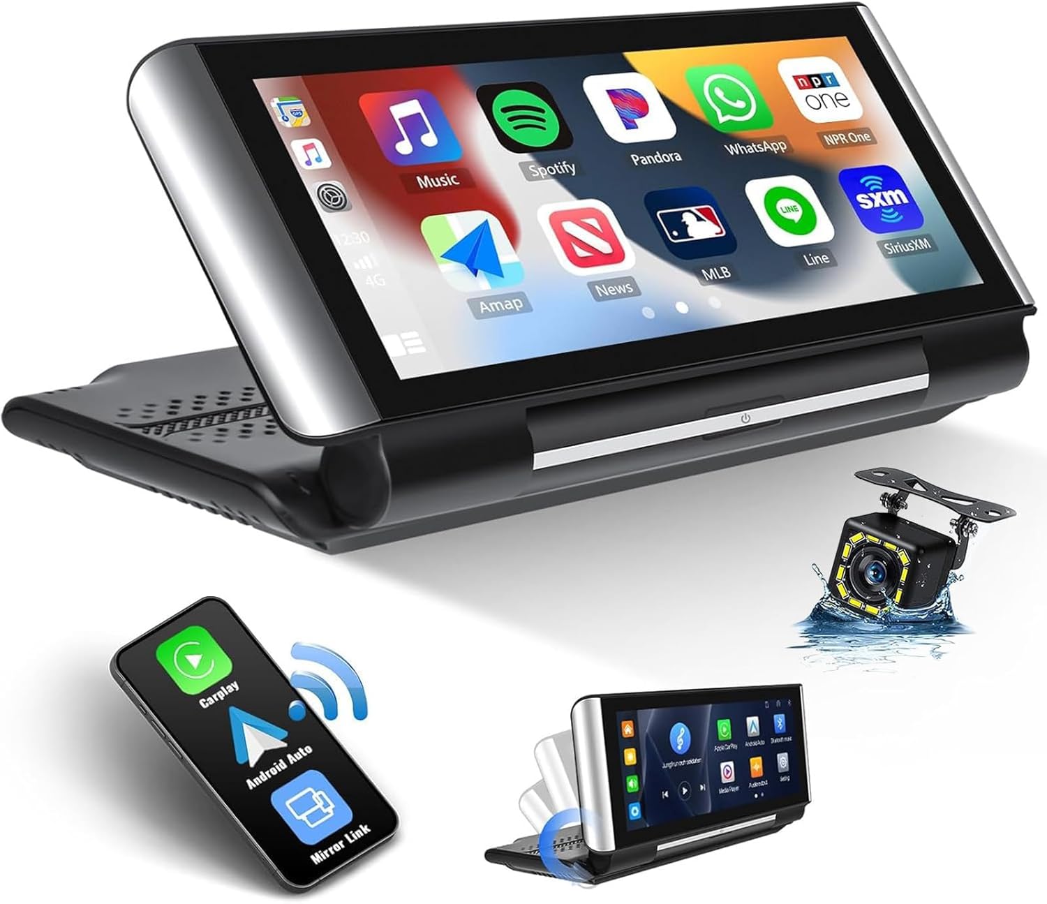 Generic Wireless Carplay Portable Car Stereo, 6.86-Inch Foldable Touchscreen with Android Auto, Mirror Link, Car Radio Receiver with FM Transmitter/Bluetooth Hansfree, Voice Control+Backup Camera