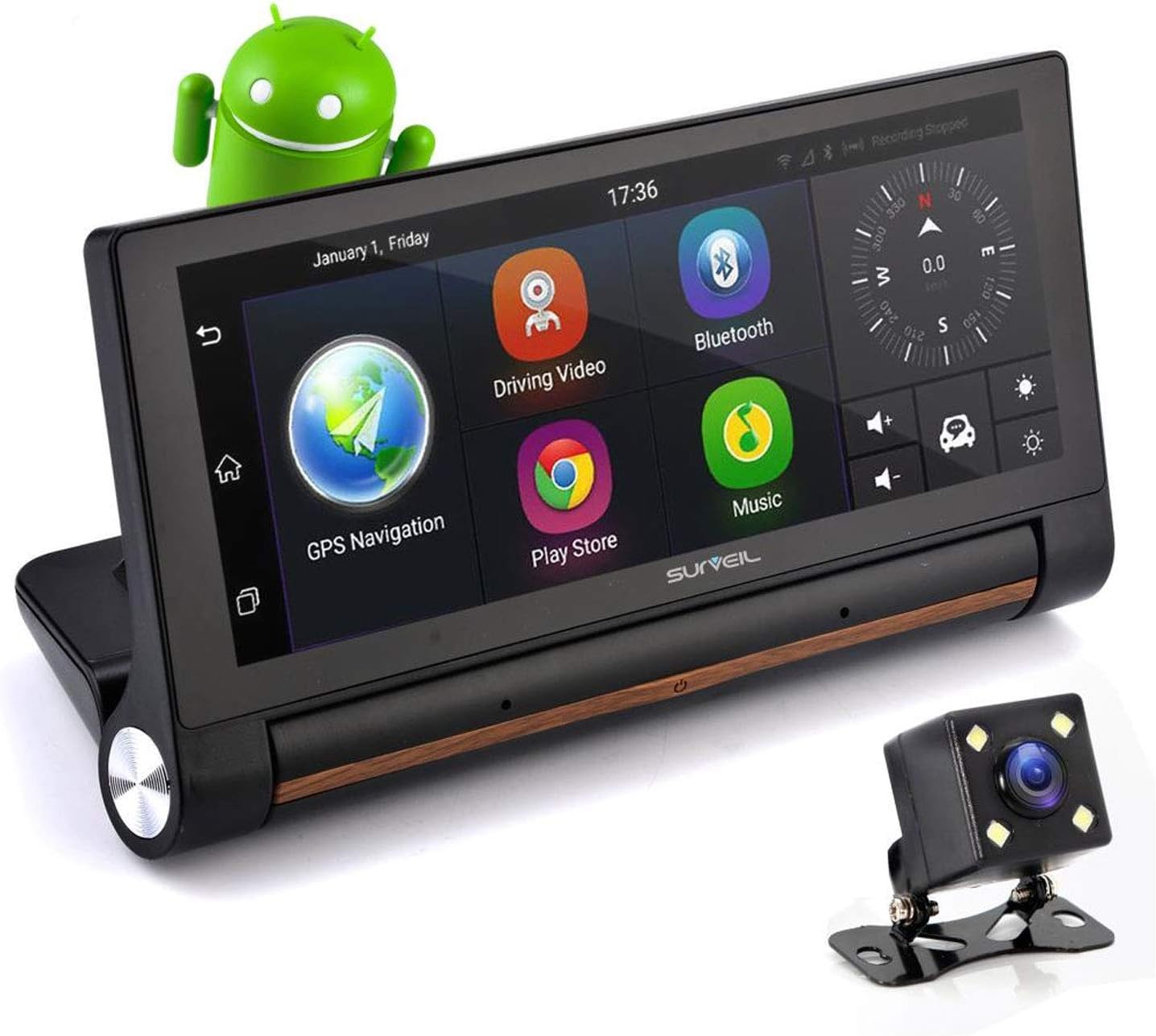 Pyle GPS Touchscreen Android DVR Dashcam - 7” Display, Navigation Dual Built-in Adjustable Front and Rear Camera - Wi-Fi Bluetooth Wireless FM Radio and Rechargeable Battery PLDVRCAMAND75