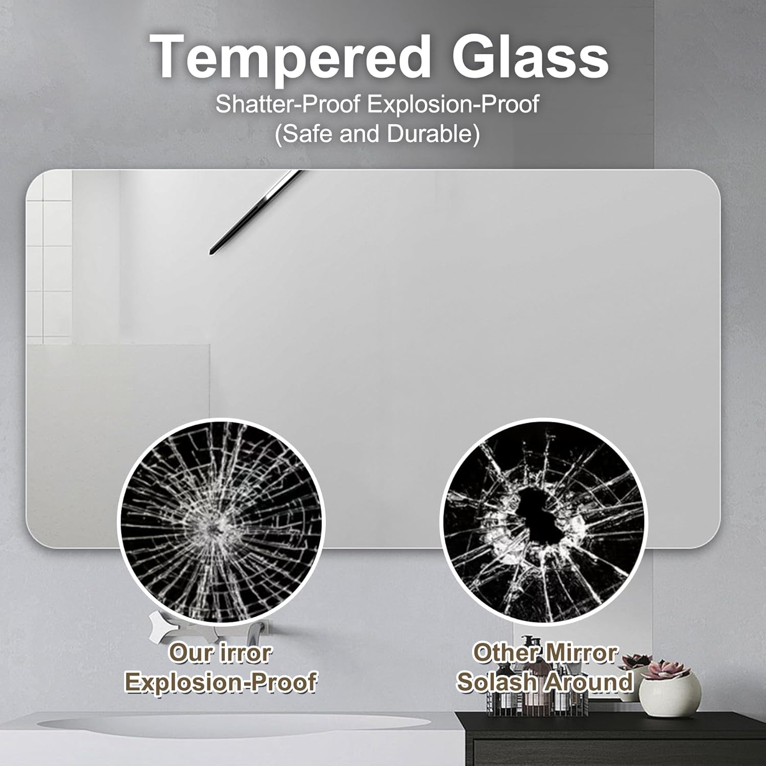 40x30 Inch Bathroom Vanity Mirror, Frameless Rounded Corner, Anti-Fog, Explosion-Proof, High-Definition Silver Mirror, Horizontal/Vertical Wall Mount, Modern Bathroom Mirror